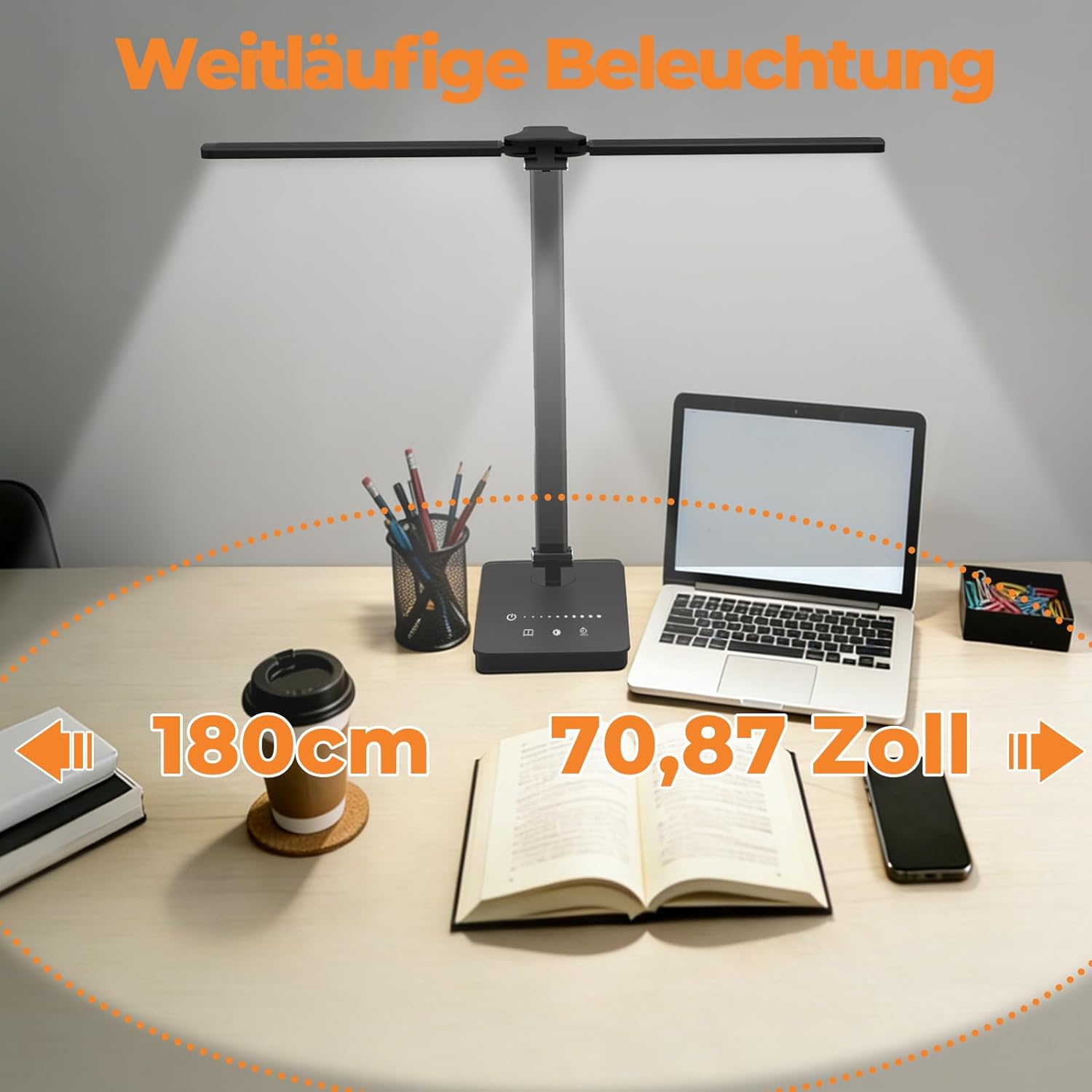 Schreibtischlampe LED dimmbar mit 4000 mAh Akku, 5 Farben und 10 Helligkeitsstufen – kabellose Tischlampe mit USB-Anschluss, Touch-Steuerung und Timer für Kinder, Büro und Lesen (schwarz) – Bild 7