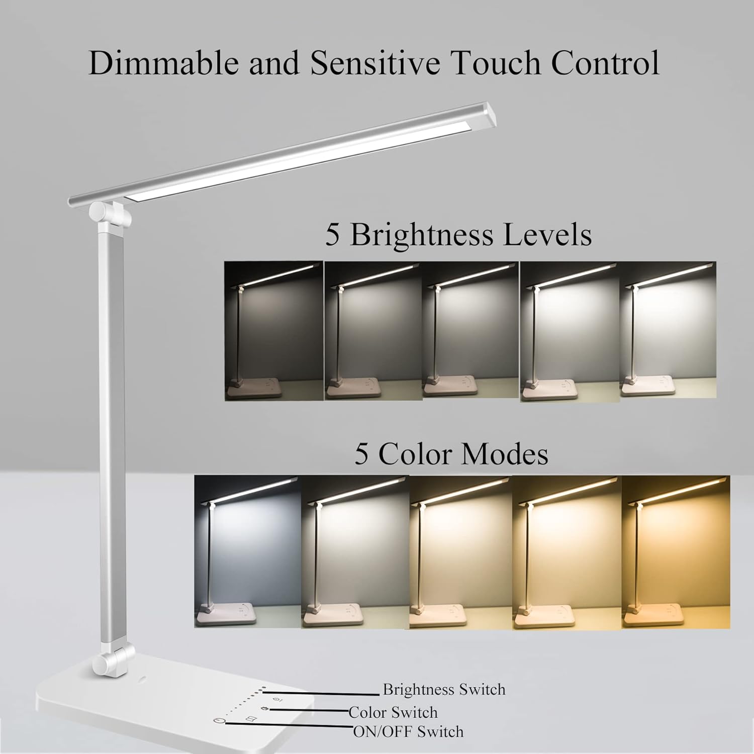 Schreibtischlampe, LED-Tischlampe, dimmbar mit 5 Helligkeitsstufen, 5 Farben, USB-Anschluss, Auto-Timer, Touchpanel, Memory-Funktion, augenfreundliche Nachttischlampe für Kinder Mädchen – Bild 4