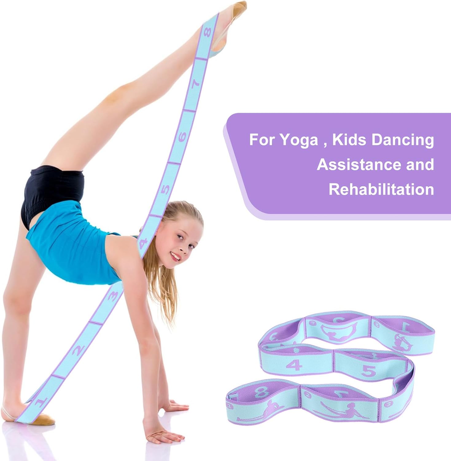 Yoga-Stretchgurt, Abeillo Yoga-Stretchgurt mit 8 Schlaufen, Yoga-Zubehör, Fitnessbänder, Widerstandsbänder, Gymnastikband, elastisch für Pilates, Tanz, Gymnastik, effektives Dehnen (lila). – Bild 6