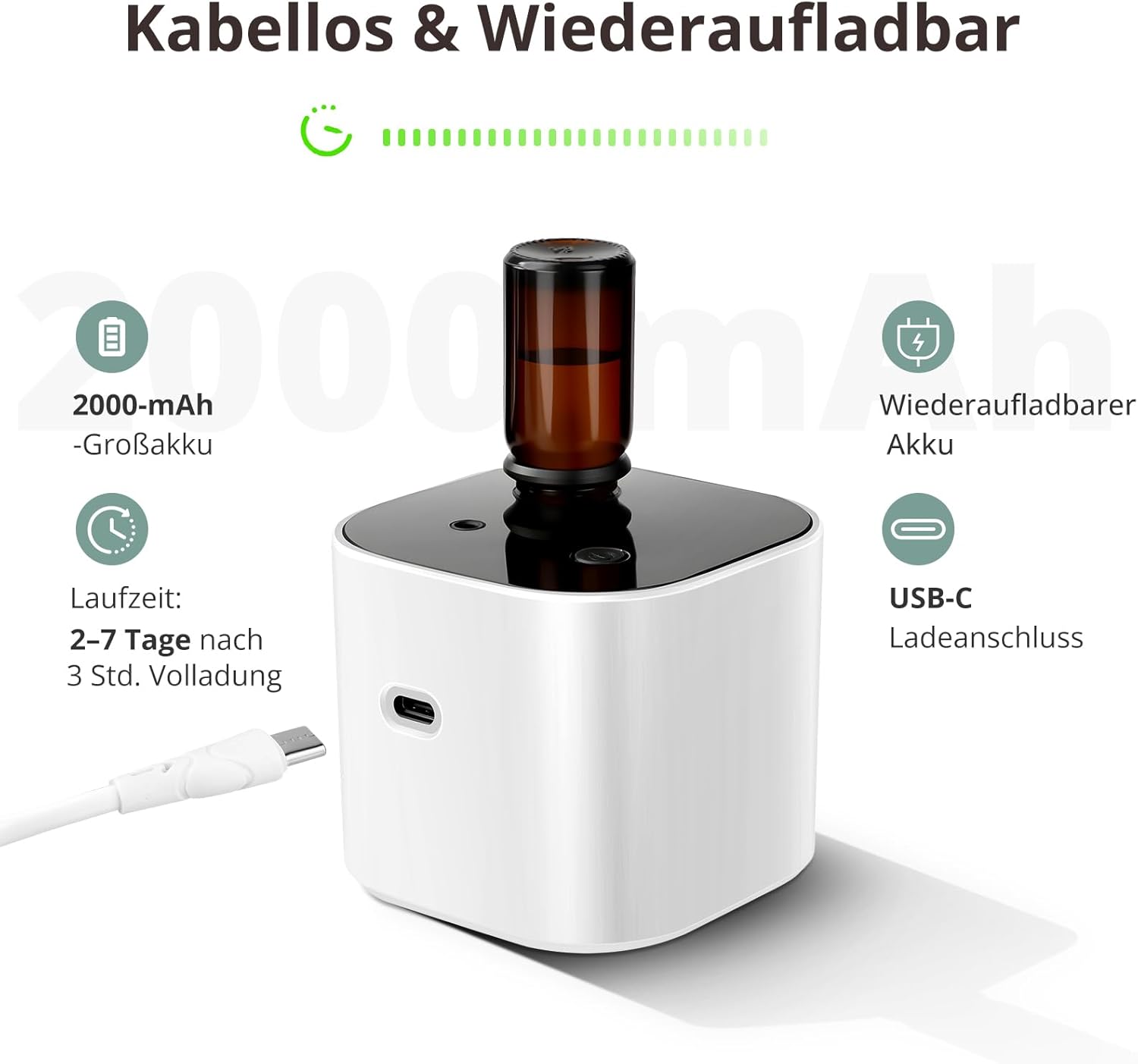 Kabelloser wasserloser Diffusor für ätherische Öle – Aromatherapie-Diffusor mit 10 ml weißem Teeöl und 3 Sprühmodi, leiser Ultraschall-Kaltluft, 2000-mAh-Akku und USB-C für Zuhause, Büro, Auto, Yoga (weiß) – Bild 8