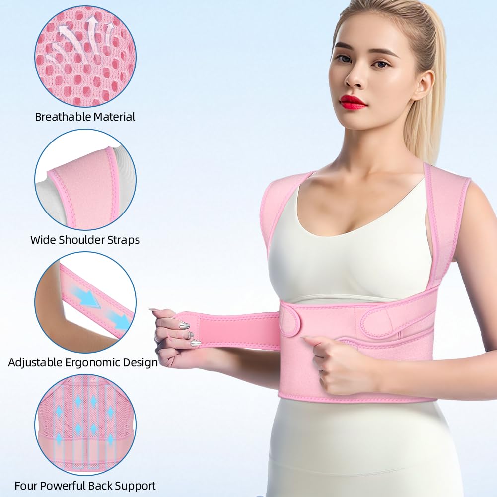 Rückenglätter, Haltungskorrektur Rücken für Männer und Frauen, verstellbarer Haltungstrainer, Rückengurt, Geradehalter, Rückengurt gegen Schmerzen (Rosa, L) – Bild 3