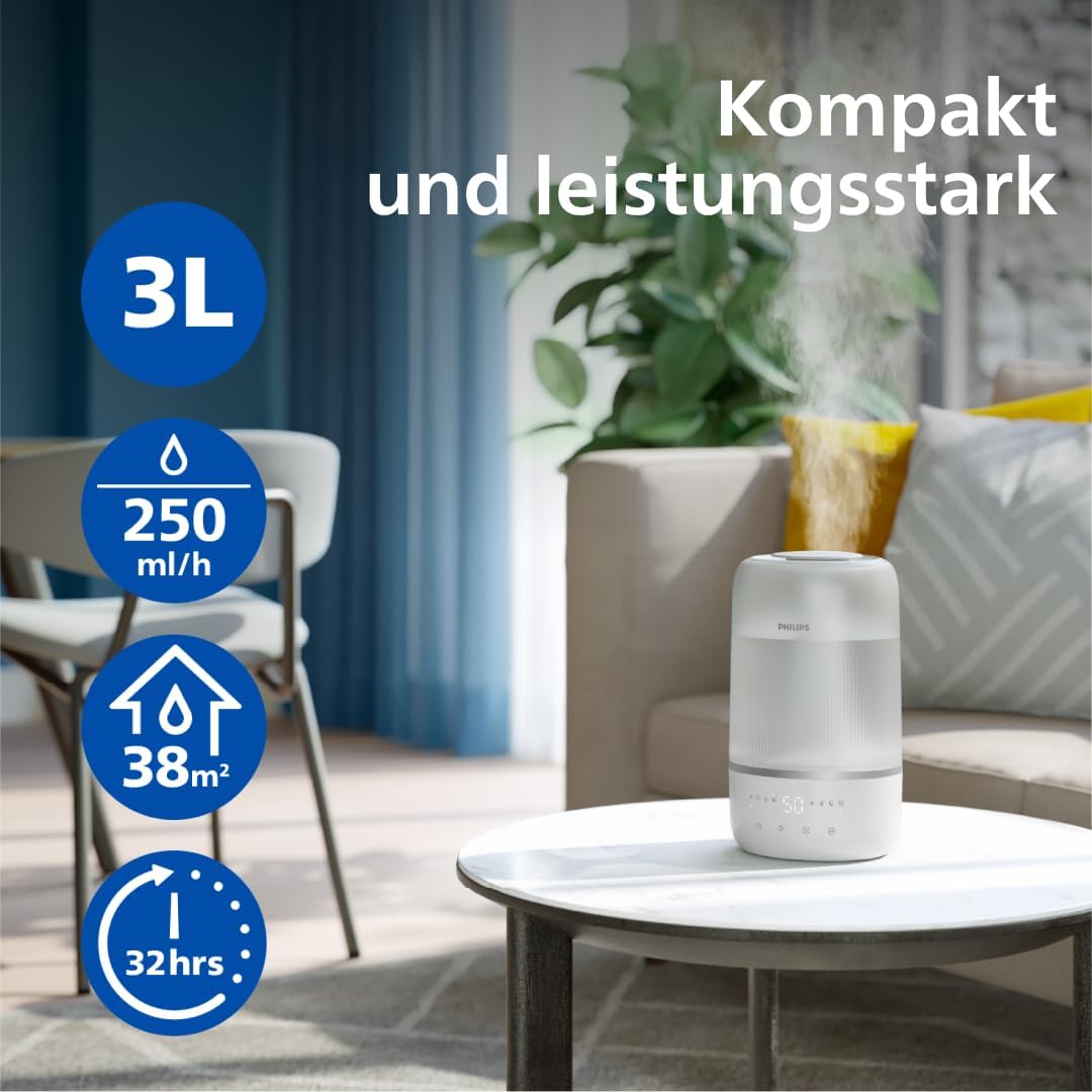 Philips Smart Luftbefeuchter – kompakt und dennoch leistungsstark mit himmelhohem Nebel, Aromatherapie, leise mit Schlaffunktion und Nachtlicht, für (Schlaf-)Räume bis zu 38 m² (HU1509/00) – Bild 4