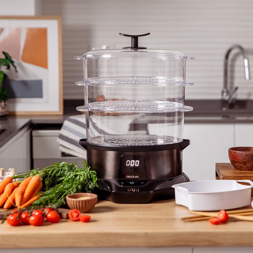 Cecotec Dampfgarer VapoVita 3000 Pro. Dampfgaren und Erhaltung von Nährstoffen und Vitaminen. 1000 W, Digital, 1 Liter Kapazität, inklusive 3 Behälter, nicht elektrische Teile spülmaschinengeeignet. – Bild 9