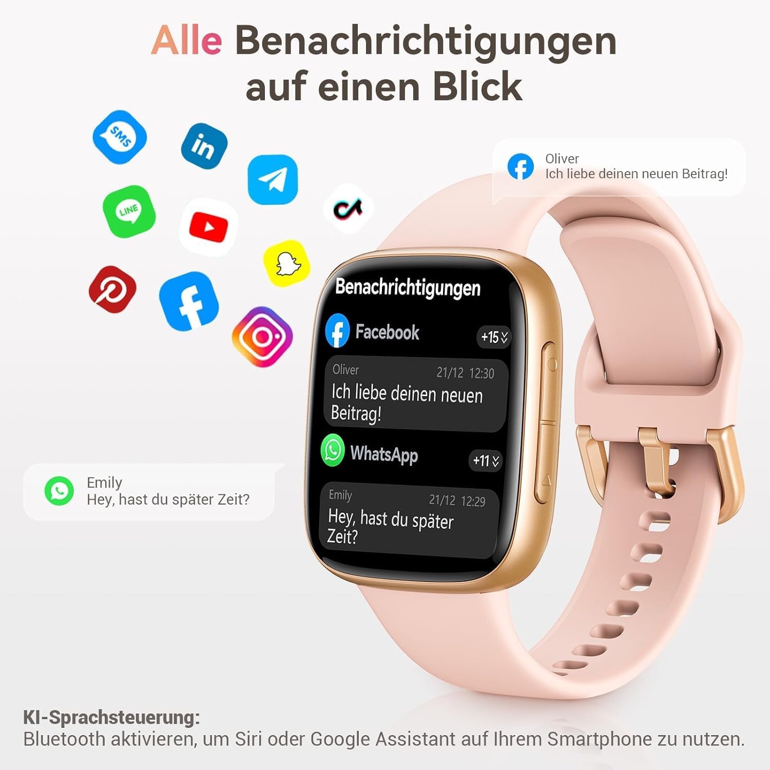 Smartwatch Damen Herren, 1,85 Zoll AMOLED-Touchscreen, Fitness-Tracker mit Bluetooth-Anrufen und KI, Herzfrequenz, SpO2, Schlaf- und Damenzyklus-Tracking, über 100 Sportmodi, 3ATM wasserdicht für iOS und Android – Bild 2