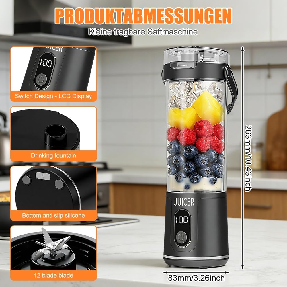 Tragbarer Mixer to Go, 600 ml Frischsaft-Mixflasche, Mini-Mixer und Smoothie-Maker mit 12 Klingen, kabelloser und wiederaufladbarer tragbarer Mixer für Fruchtsaft-Shakes, Smoothies, Babynahrung (grau) – Bild 2
