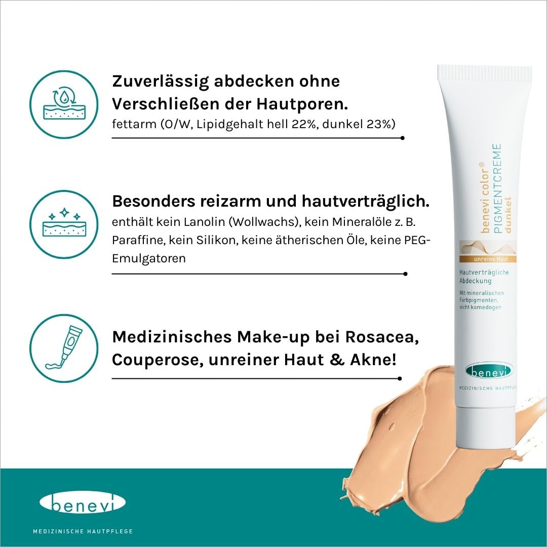 Benevi Pigment Cream 20 ml zum gezielten Abdecken von Rötungen, Pickeln, Unreinheiten oder als Make-up-Ersatz. Kaschiert zuverlässig erweiterte und rote Äderchen bei Couperose und Rosacea (leicht) – Bild 6