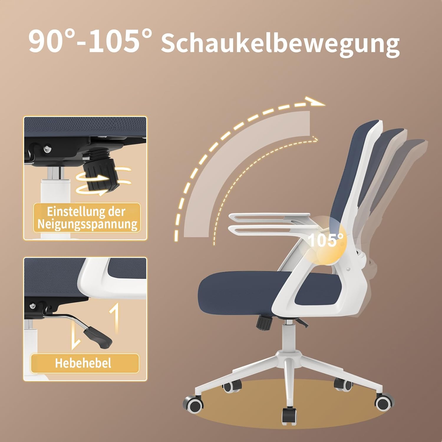 naspaluro Bürostuhl mit klappbaren Armlehnen, ergonomischer Drehstuhl mit Netzbezug, Lordosenstütze, höhenverstellbar, Wippfunktion, gepolstertes Sitzkissen, hellgrau – Bild 5