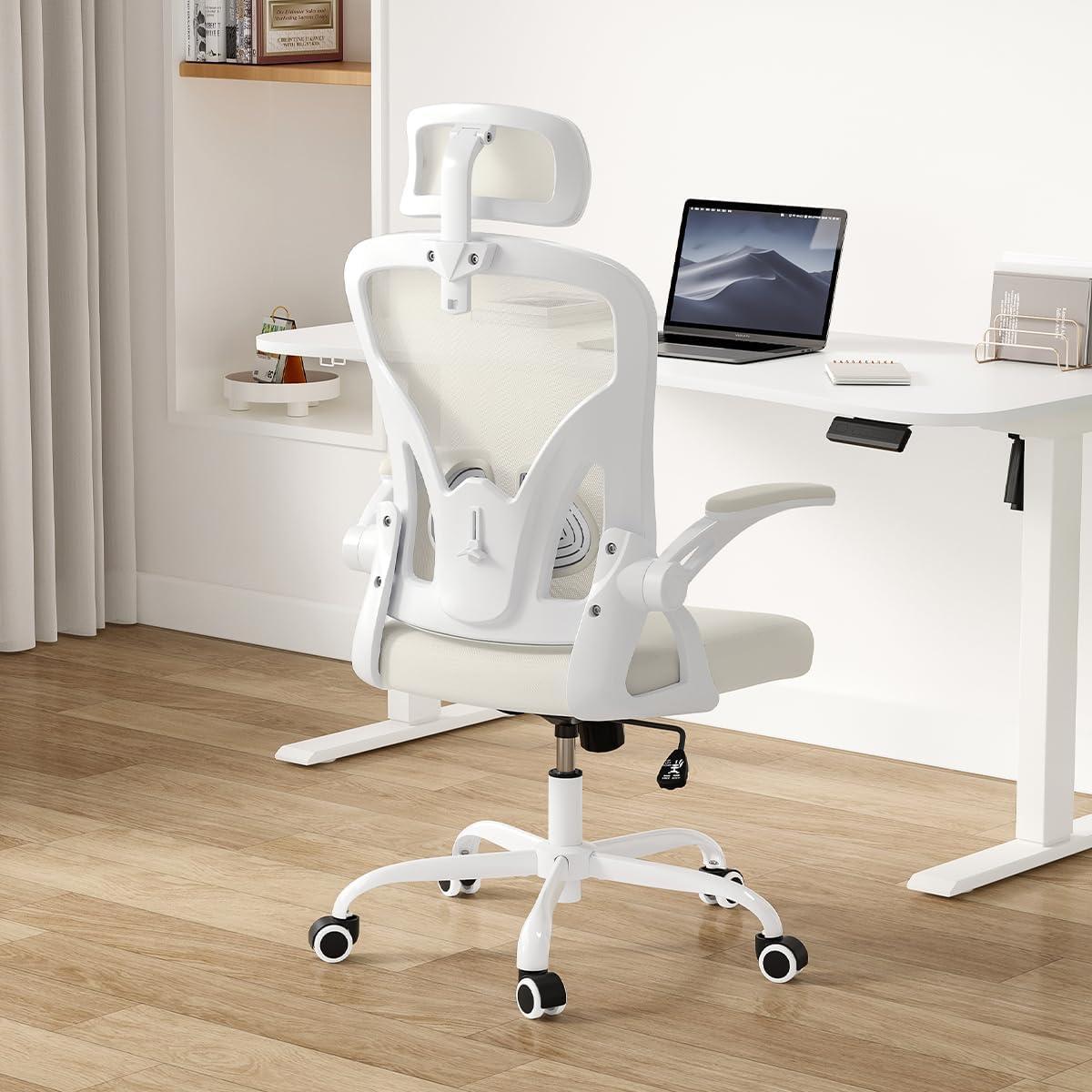 Farini Ergonomischer Stuhl mit Armlehne, Büro-Schreibtischstuhl mit Rollen, bequemer Home-Office-Stuhl, Weiß – Bild 9
