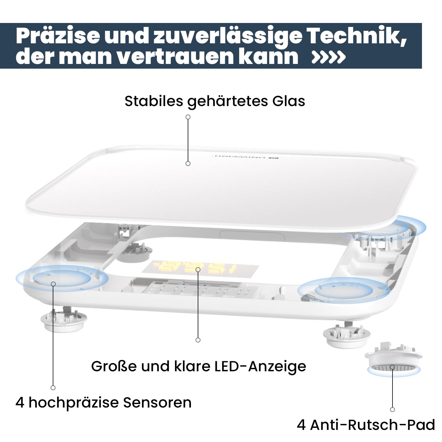 UNIWEIGH Digitale Personenwaage für das Körpergewicht, hochpräzise Gewichtswaage bis 400 lbs/180 kg, Körperwaage mit stabilem gehärtetem Glas, LED-Display, Step-on, 3 Einheiten und Batterien im Lieferumfang enthalten, Weiß – Bild 3