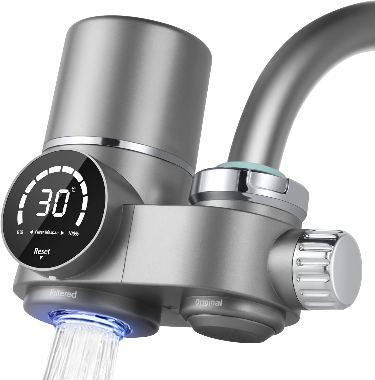 HOTUT Wasserfilter für Wasserhahn, Edelstahl-Leitungswasserfilter, Wasserfilter Trinkwasser mit Blaulicht, Trinkwasserfilter zur Entfernung von Chlor, Schwermetallen und schlechtem Geschmack