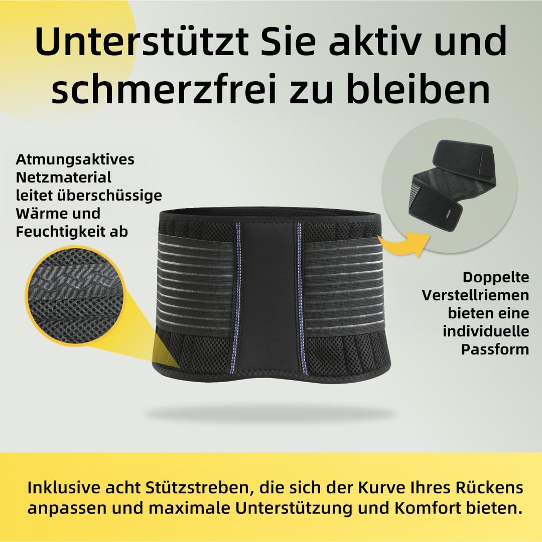 BraceUP Rückenstützgürtel – Atmungsaktive Rückenbandage, Lendenwirbelstütze für den unteren Rücken bei Ischias, Bandscheibenvorfall, Skoliose, mit doppelseitig verstellbaren Trägern (L/XL) – Bild 2