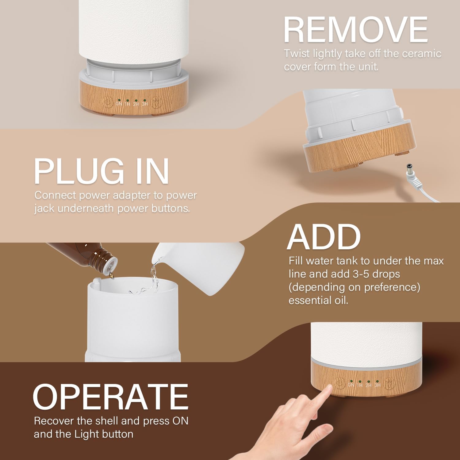 SALUBRITO Keramik-Aroma-Diffusor, weißer Diffusor für ätherische Öle, Ultraschall-Duftöl-Diffusor, Aromatherapie-Diffusor für Duftöle, BPA-frei, Geschenk für Frauen – Bild 8