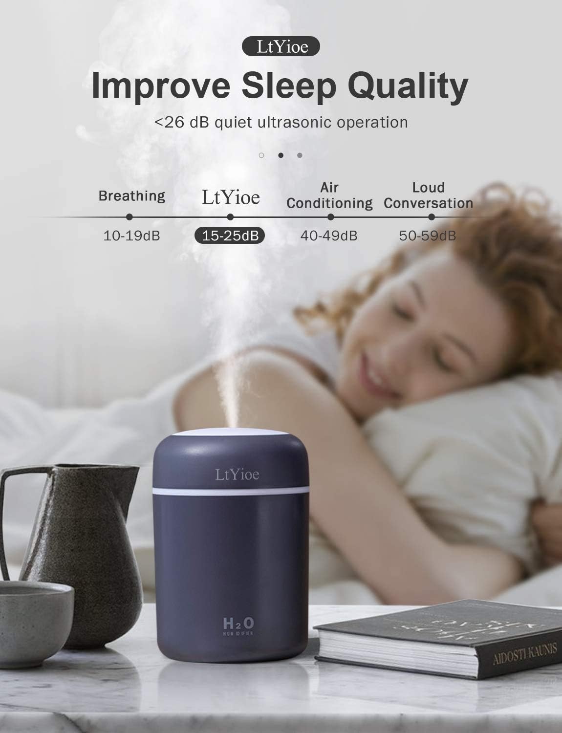 LtYioe Luftbefeuchter, persönlicher Desktop-Mini-Luftbefeuchter mit bunter, kühler Nachtlichtfunktion, automatischer Abschaltung und superleise für Auto, Büro, Schlafzimmer (Grau) – Bild 5