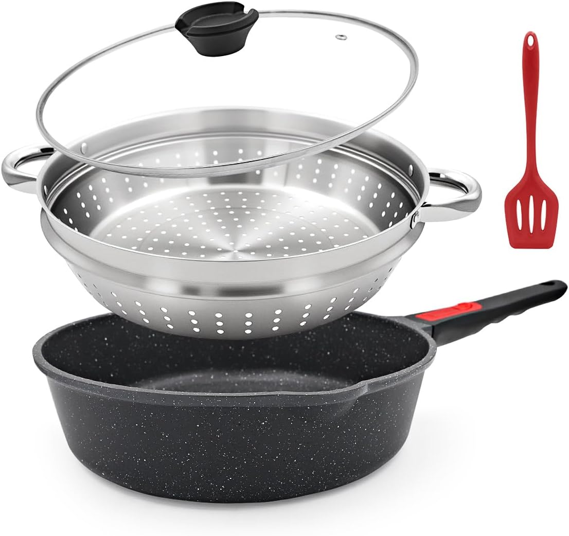 Bratpfanne 28 cm mit Deckel, 4-teiliges Set, antihaftbeschichtete Bratpfanne mit Deckel, Dampfgarer, Silikonspatel, mit abnehmbarem Griff, ofenfest, PTFE- und PFOA-frei (schwarz)