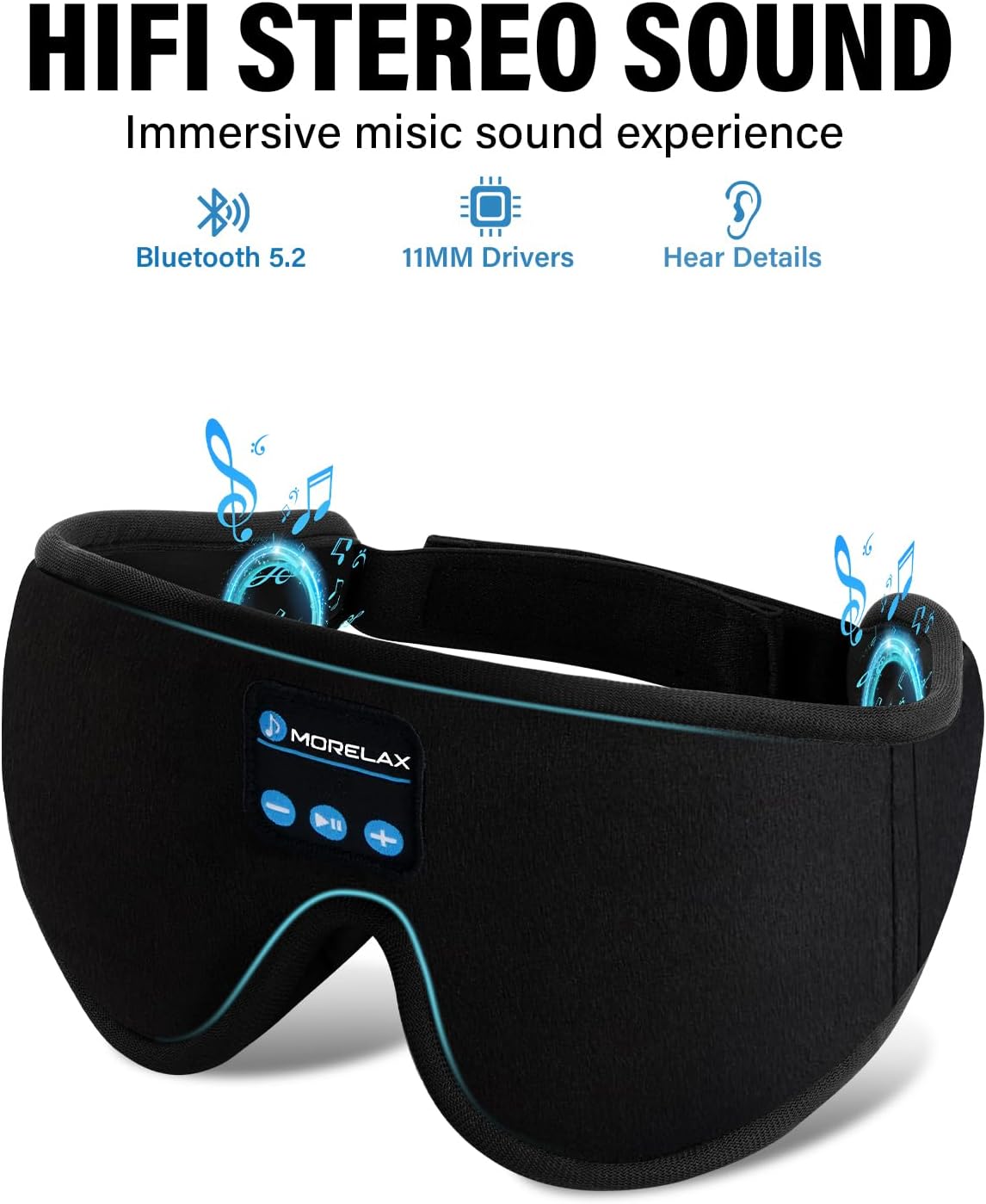 Schlafmaske mit Bluetooth-Kopfhörern, 3D-Schlafmaske, kabellose Musik-Augenmaske für schlafende Seiten-/Rückenschläfer, Schlafkopfhörer – Bild 3