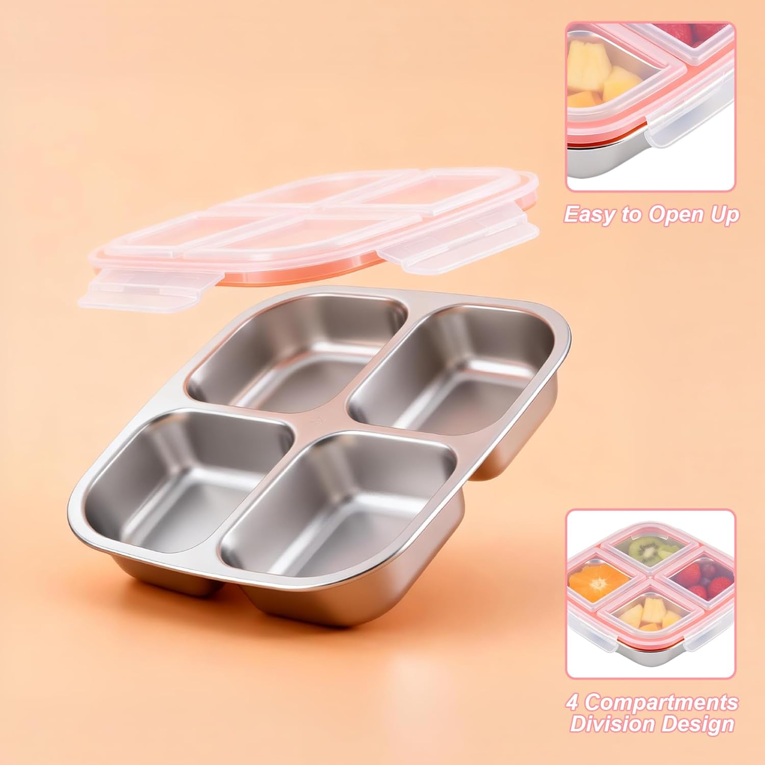 2 Stück Snackboxen mit Fächern aus Edelstahl, wiederverwendbare Snackbox für Kinder und Erwachsene, Meal-Prep-Behälter, Kinder, auslaufsichere Metall-Bento-Box mit Deckel für Schule, Arbeit & Camping (600 ml) – Bild 5