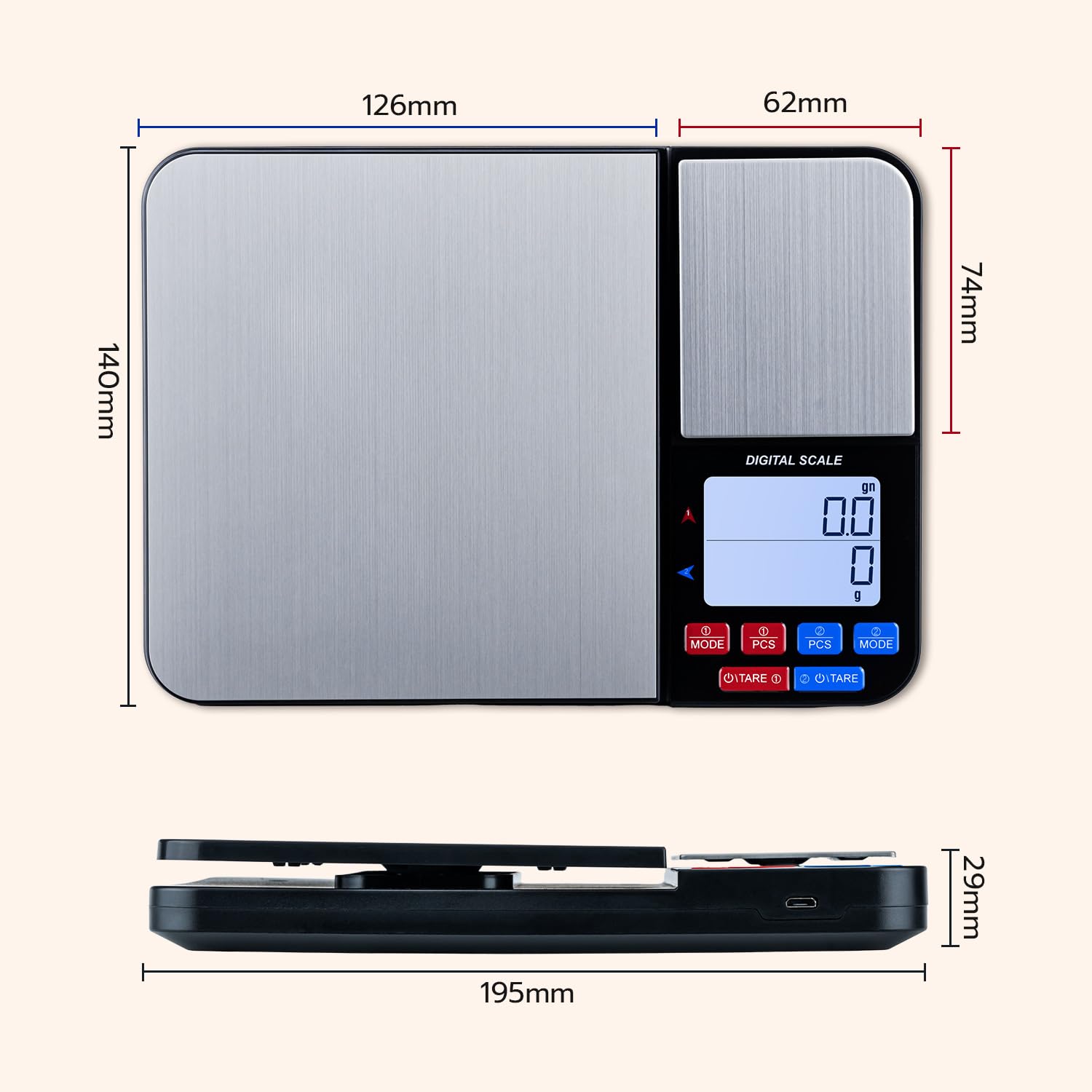 Wigearss Digitale Küchenwaage mit Doppelplattform, 10 kg/1 g und 500 g/0,01 g, Doppelfunktions-Küchenpräzisionswaage mit 7 Einheiten, Zähler, Tara-Funktion – Bild 6