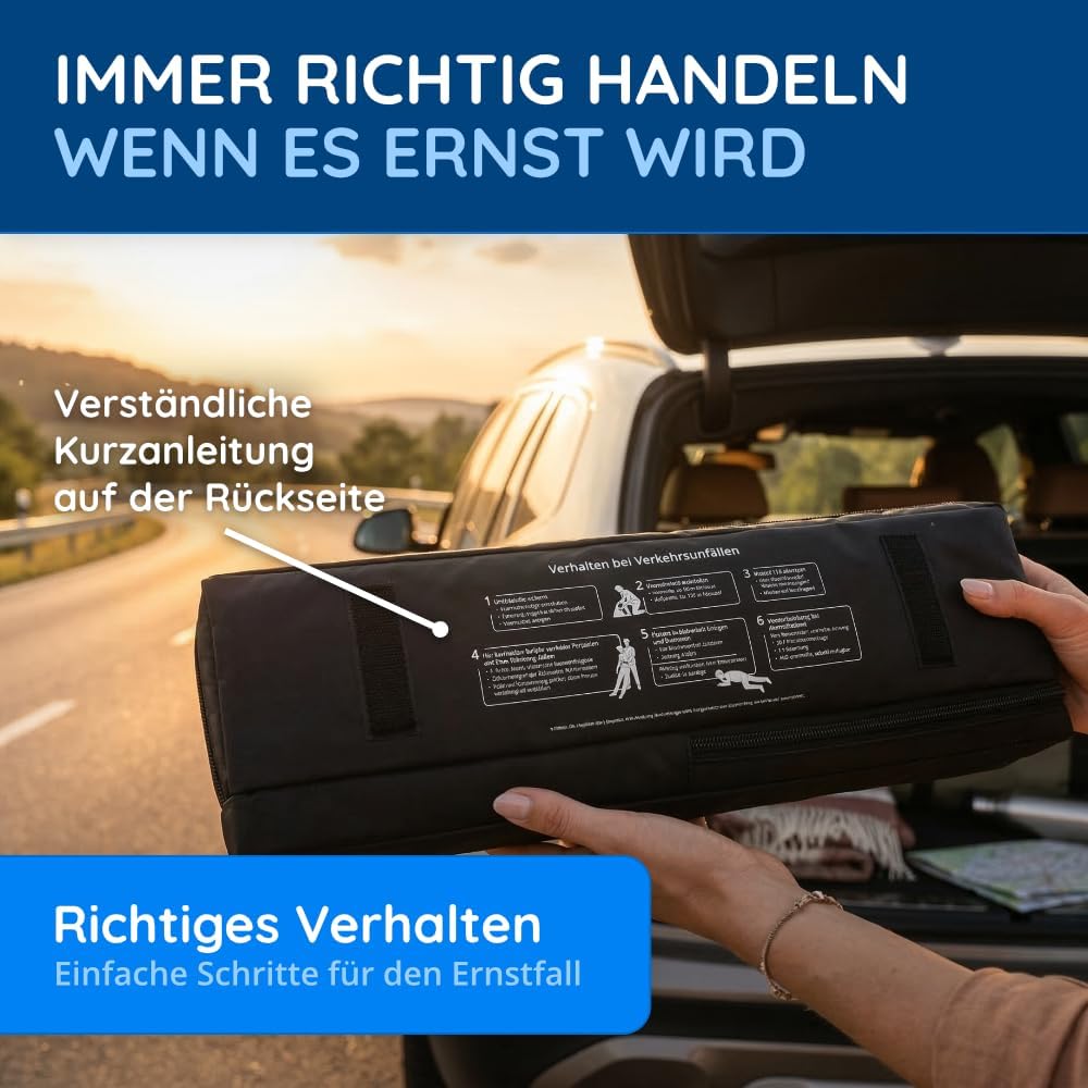 Auto-Verbandstasche inkl. Warndreieck und Warnweste nach aktueller DIN 13164:2022, gültig für 2023, Verbandskasten für Auto, Auto, Motorrad, schwarz, Langformat – Bild 5