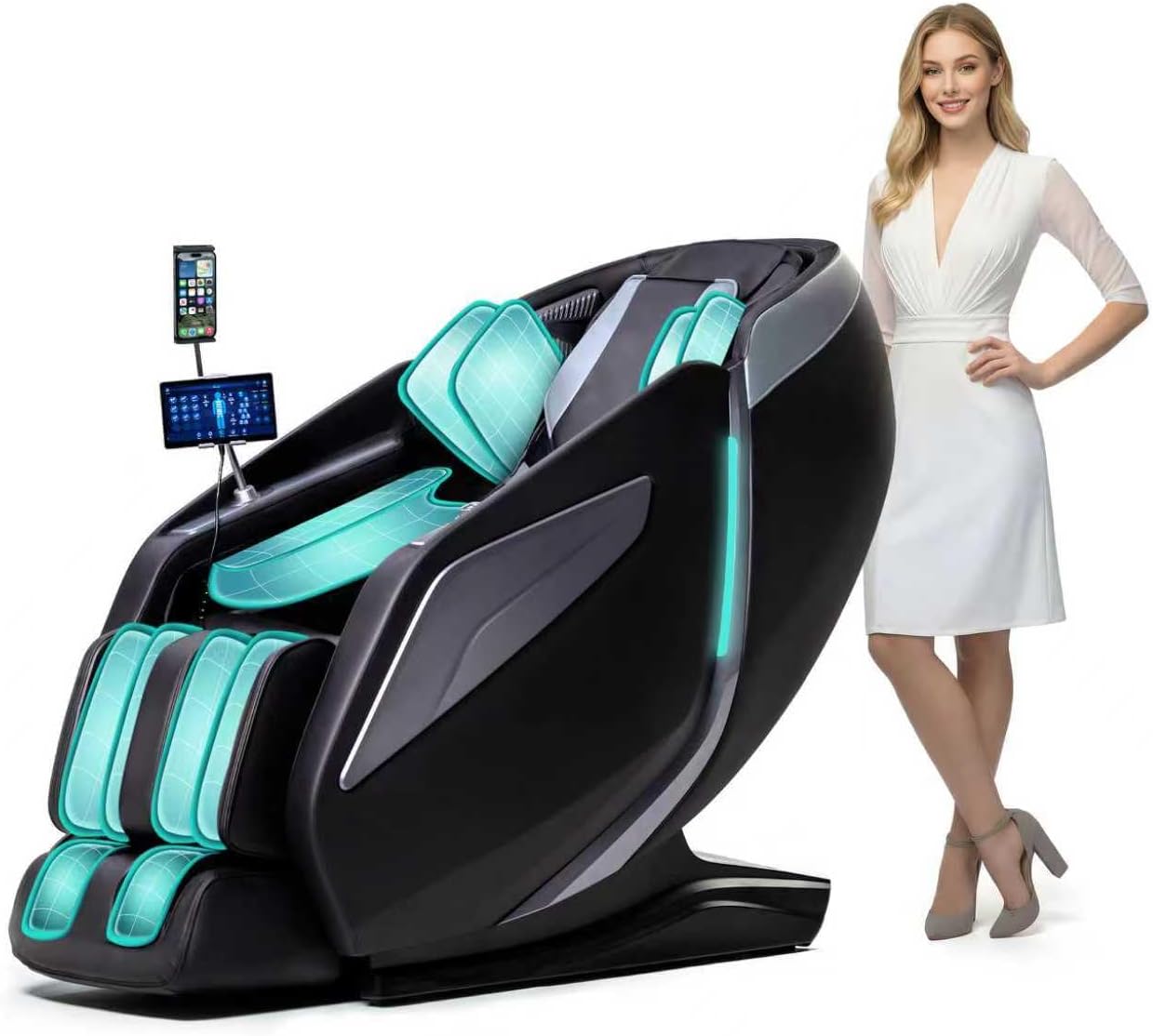 HealthRelife Ganzkörper-Massagestuhl mit Bodyscan 4D-Roboterhänden, intelligenter Shiatsu-Massage-Sitzbezug mit Sprachfunktion, Rückenheizung (schwarz)