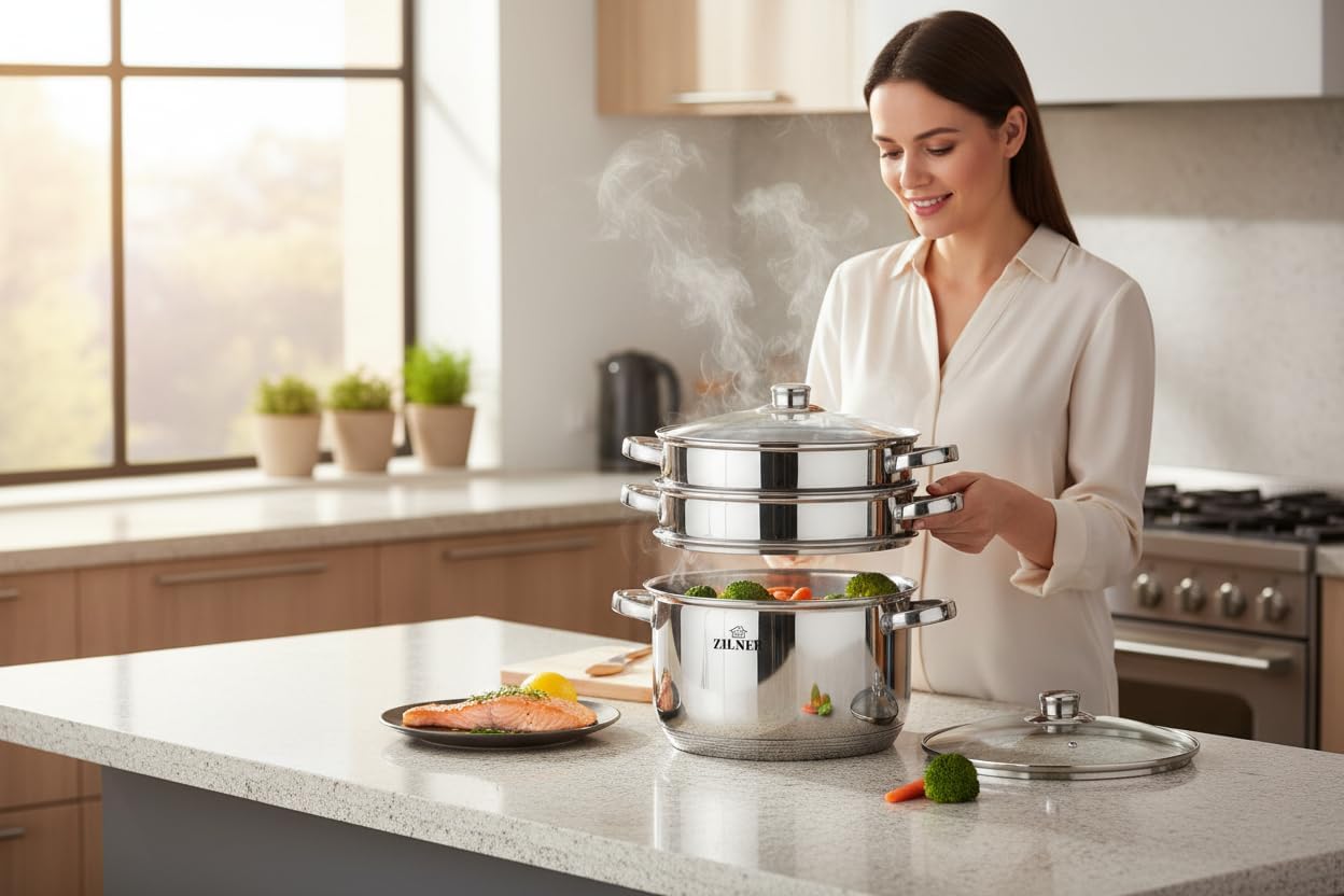 Dampfgarer-Set – Topfset 5-teilig – 24 cm – 3 x Dampfgareinsätze und Glasdeckel – für alle Herdarten – Dampftopf für gesundes Dampfgaren – Bild 6