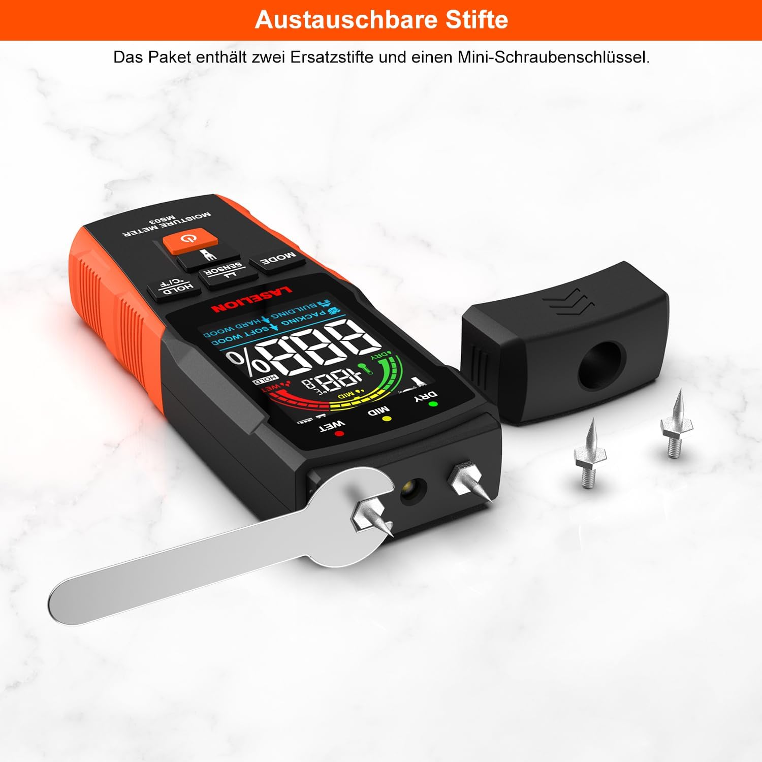 2-in-1-Feuchtemessgerät mit Stift- und Pinnless-Modus – für Holz, Beton, Trockenbau, Pappe und mehr – LCD-Display, Haltefunktion, Taschenlampe, automatische Abschaltung MS03 – Bild 8