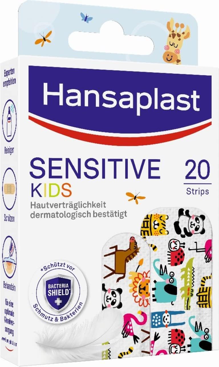 Hansaplast Sensitive Kinderpflaster (20 Streifen), Wundpflaster mit niedlichen Tiermotiven zur Aufmunterung von Kindern, schmerzfreie Entfernung, Pflasterset
