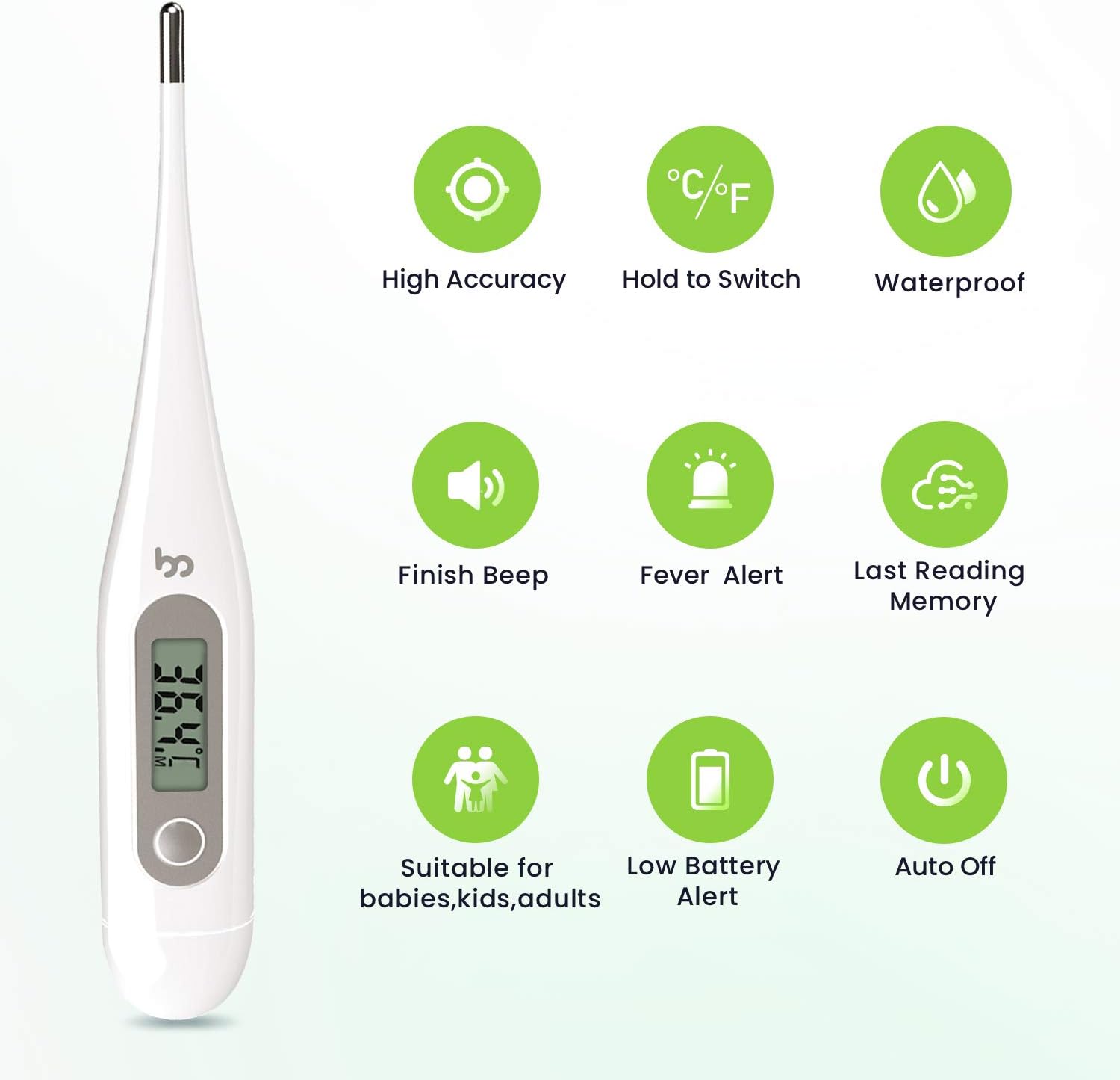 Digitales Fieberthermometer, rektales, orales, Achselthermometer, Fieberthermometer für Babys, Kinder, Erwachsene, genaue und schnelle Messwerte, wasserdichte Sonde, Grau – Bild 6