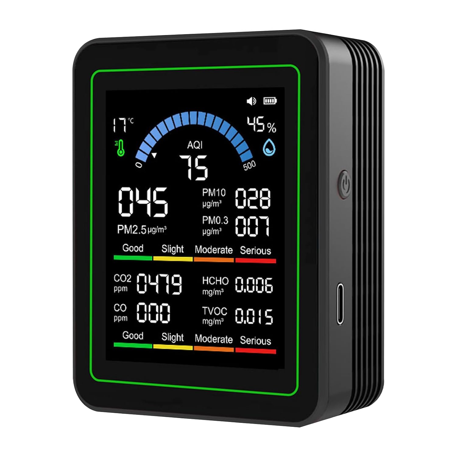 10-in-1-Luftqualitätsmonitor mit 2,8-Zoll-Farbdisplay und 4-Farben-Alarm, Messung von CO₂, PM1,0/PM2,5/PM10, HCHO, Temperatur und Luftfeuchtigkeit. Luftüberwachungsgerät mit Typ C für Zuhause