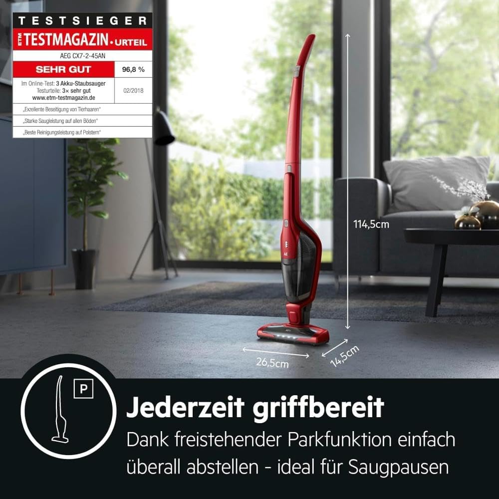 AEG Ergorapido CX7-2-45AN 2in1 Akku-Staubsauger (beutellos, inklusive Tierhaardüse, bis zu 45 Min. Laufzeit, freistehend, 180° Drehgelenk, Bürstenreinigungsfunktion, LED-Frontlichter, rot) – Bild 2