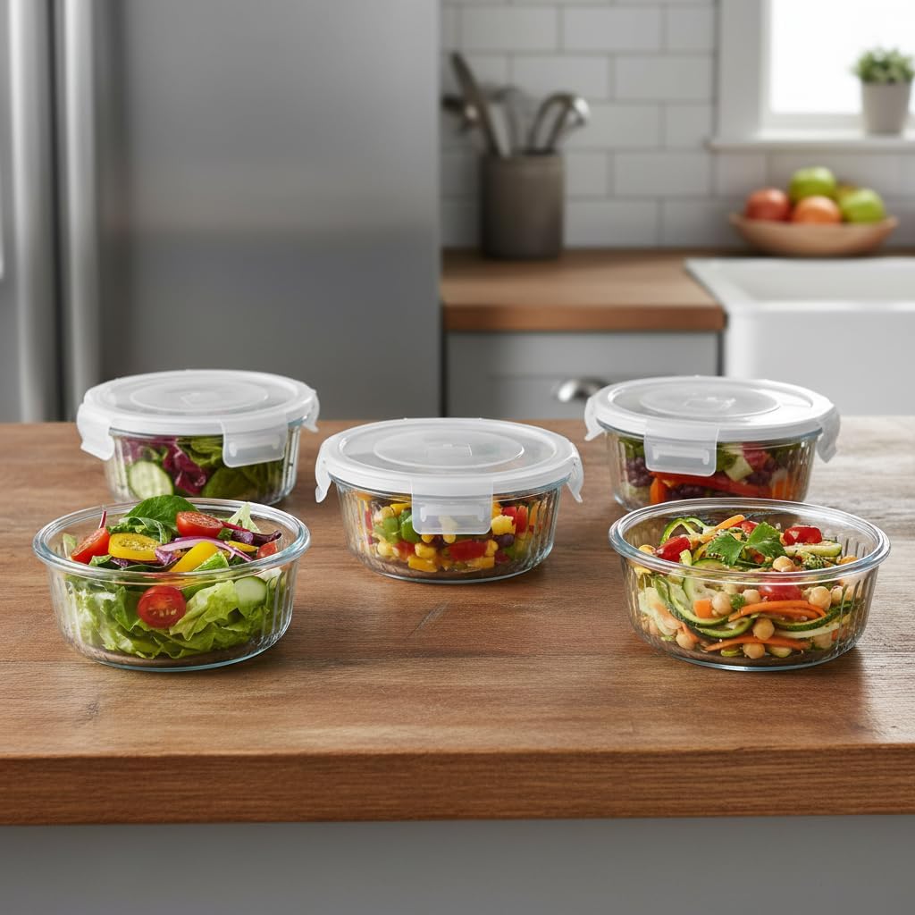H.JSS WDJS 4 Stück kleine runde Meal-Prep-Boxen aus Glas, runde Glasbehälter mit Deckel, BPA-frei, kleine Meal-Prep-Gläser für Mikrowelle, Gefrierschrank und Spülmaschine, ideal für Suppe, Mittagessen (weiß-370 ml) – Bild 6