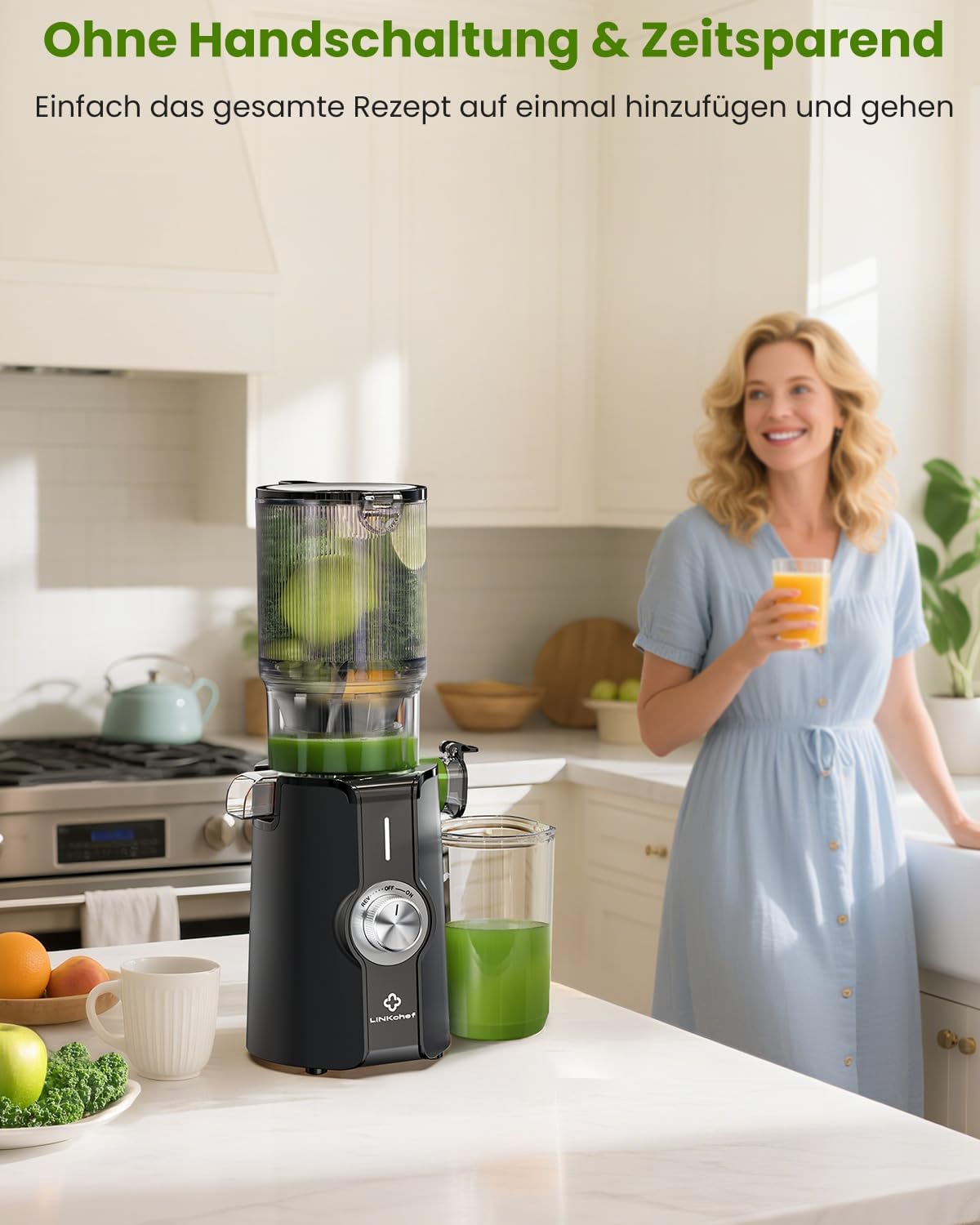 LINKChef Slow Juicer, Entsafter Gemüse und Obst, Testsieger mit 115 mm großem Entsafter, Kaltentsafter für ganze Früchte/Gemüse, Blitzreiniger, einfache Installation, BPA-frei, 200 W, Schwarz – Bild 9