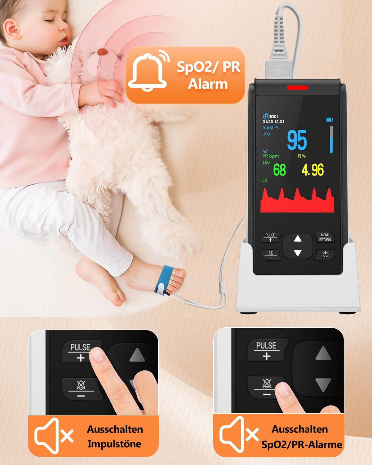 Tragbares HealthTree Pulsoximeter, wiederaufladbarer Sauerstoffmonitor, Sauerstoffsättigungsmonitor für Kinder, SpO2-Level-Überwachung, Herzfrequenz und Infusionsindex – Bild 3