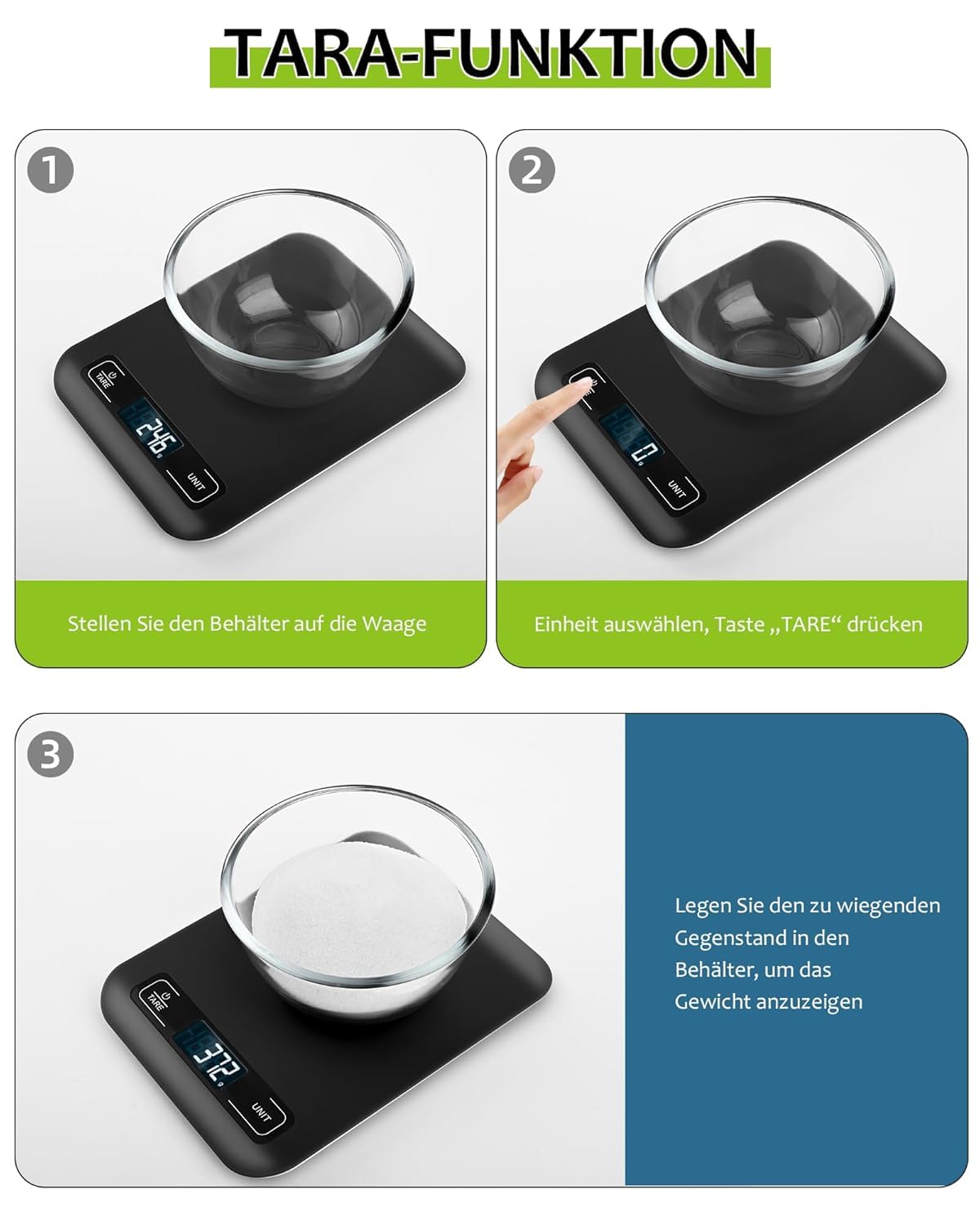 Küchenwaage Digital mit LCD-Display und Tara-Funktion, Präzise 1g Messung zum Backen und Kochen, Schwarz – Bild 5