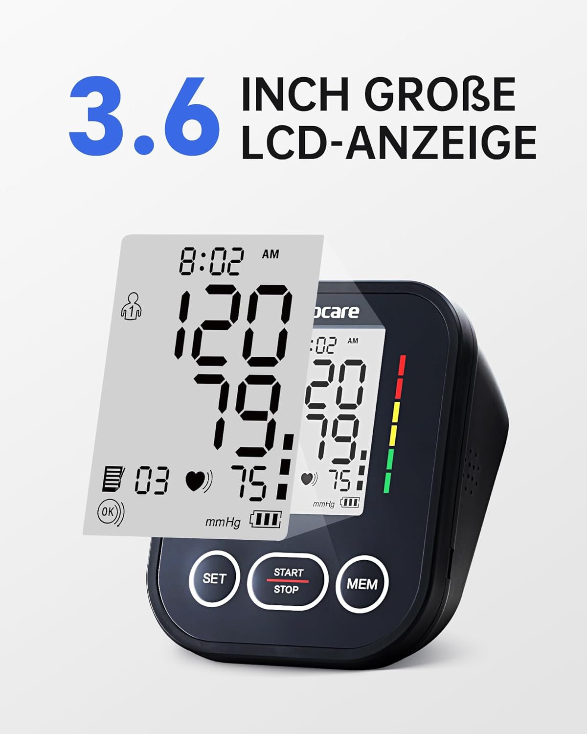 Sinocare Oberarm-Blutdruckmessgerät – klinisch validiert, 2 x 99 Speicher für 2 Benutzer, Ein-Knopf-Bedienung, XL-Manschette (22–42 cm), Arrhythmie-Erkennung – Bild 4