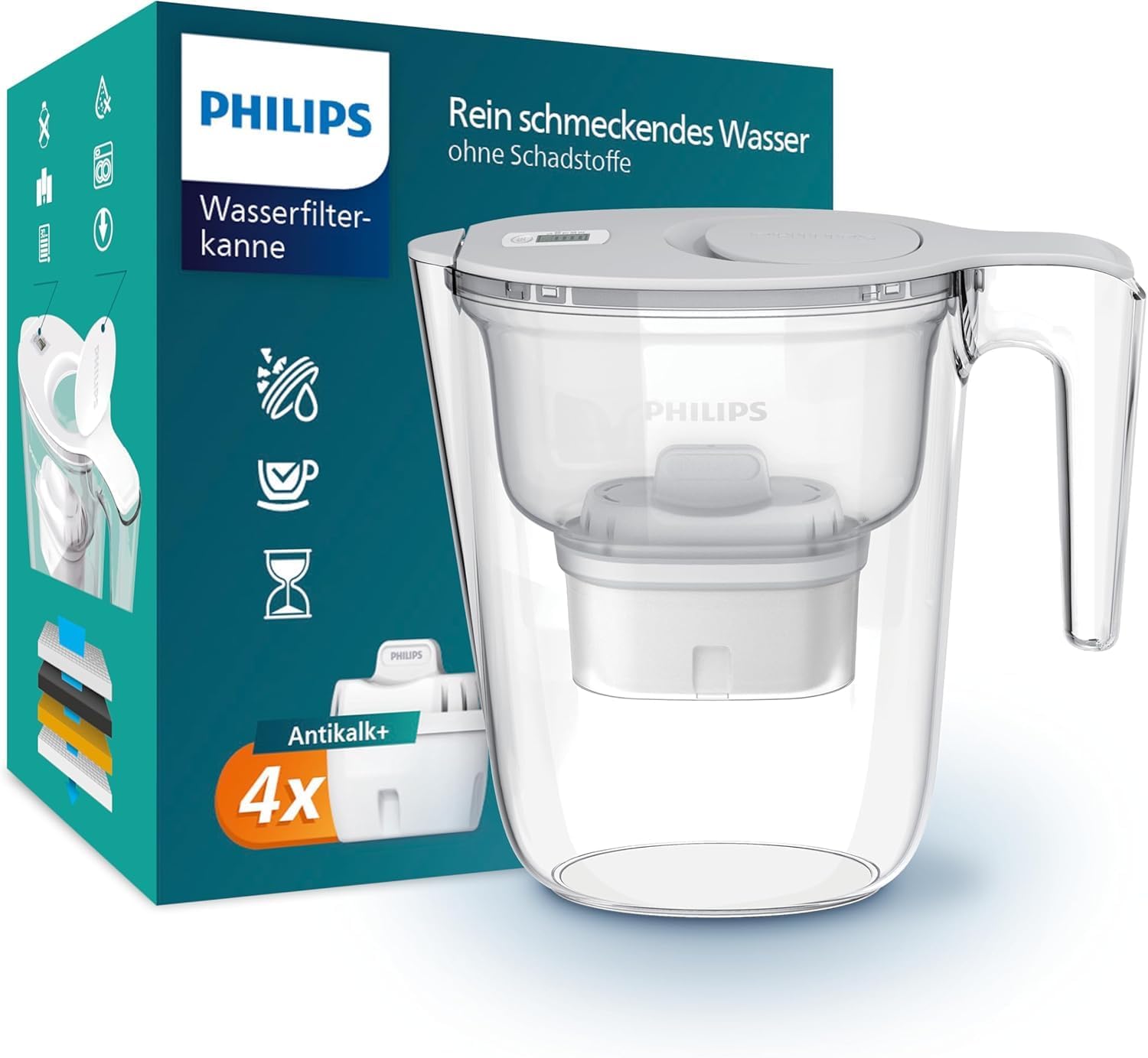 Philips Wasserfilterkanne + 4 Anti-Kalk + Ersatzfilterkartuschen. Elektronischer Timer mit schnellem Durchfluss reduziert die Wasserhärte um bis zu 50 Prozent, 2,6 l