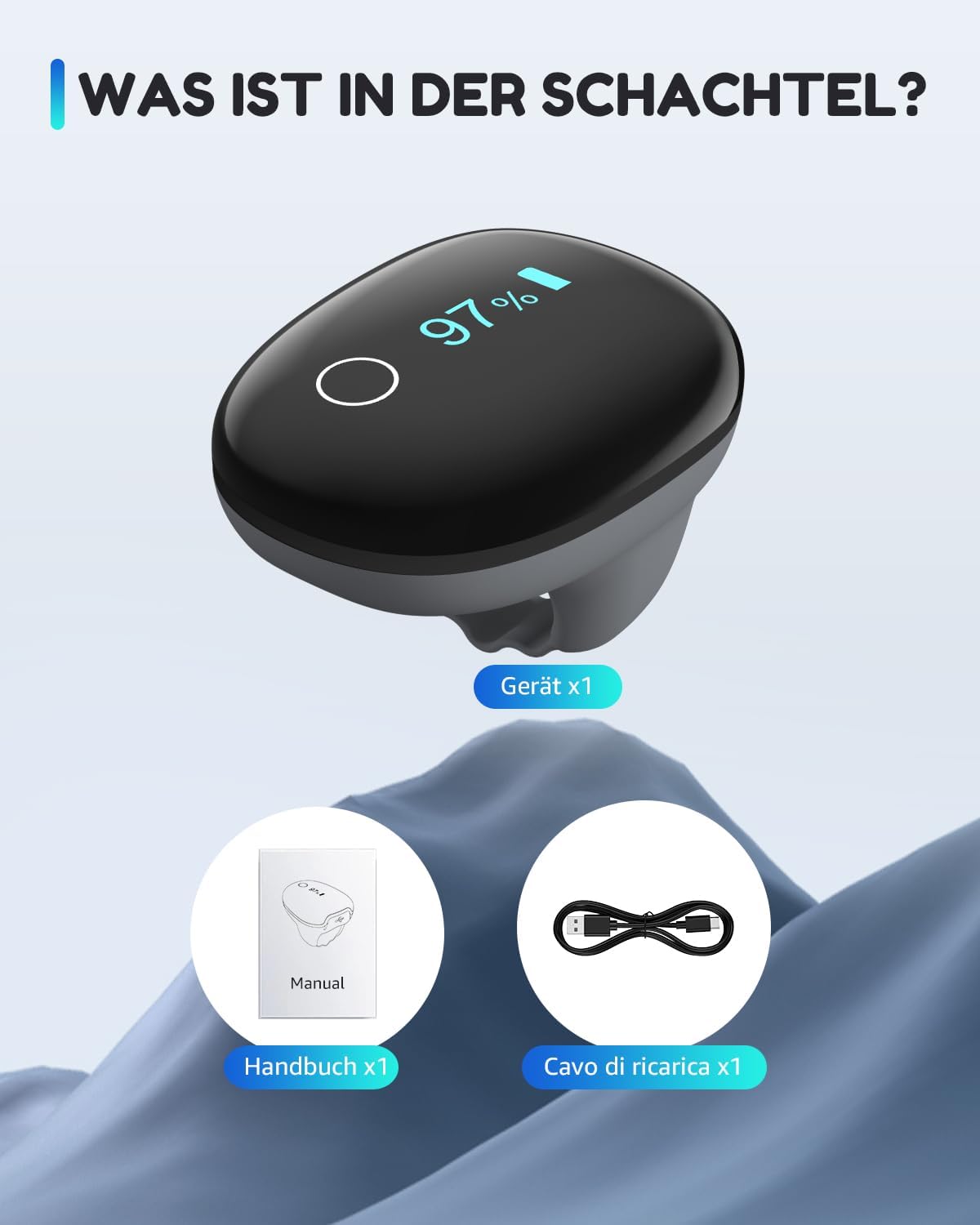Wiederaufladbares O2-Ring-Bluetooth-Blutsauerstoffmessgerät für die Fingerspitze zur kontinuierlichen Messung von SpO2 und Pulsfrequenz – Bild 5