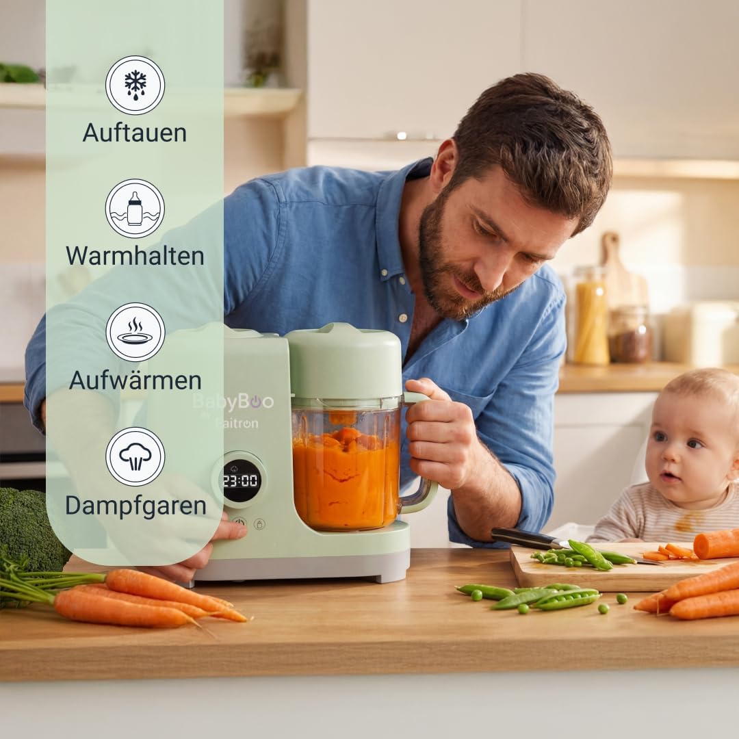 BabyBoo Babynahrungszubereiter 7-in-1, Dampfgarer & Mixer für Babynahrung, 300 W, Sterilisieren, Erhitzen & Auftauen, Edelstahlkorb, Tritan-Behälter, Digitalanzeige, Babynahrungszubereiter – Bild 4