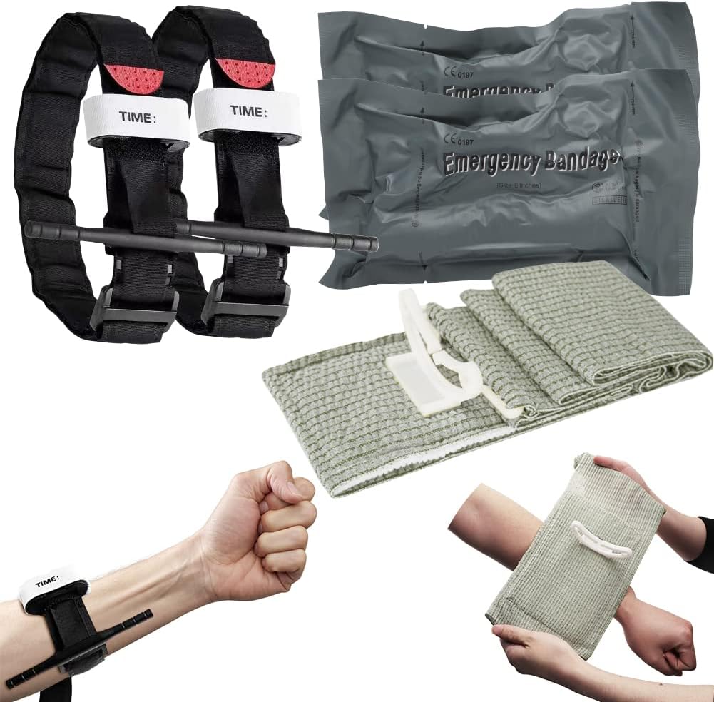2 x taktische Tourniquets + 2 x israelischer Verband. 6-Zoll-Notfallverband mit Vakuumpackung für einhändige Bedienung von blutstillendem, Notfall-Erste-Hilfe-Verband für Wandern, Bergsteigen, Sport, Camping
