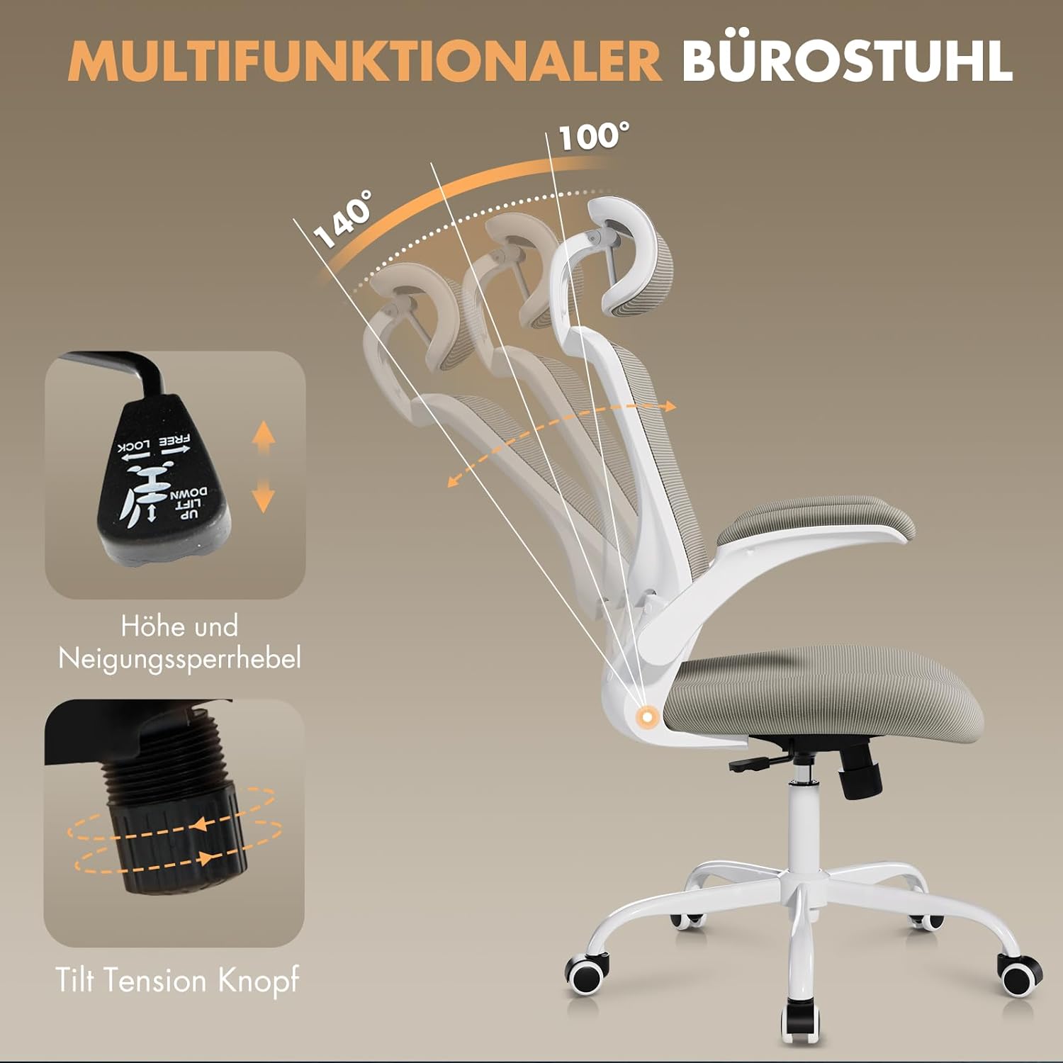 COLAMY Bürostuhl, Netz-Computerstuhl mit verstellbarer Kopfstütze und Lordosenstütze, ergonomischer Arbeitsstuhl mit hochklappbarer Armlehne, 140°-Wippfunktion, Khaki – Bild 5