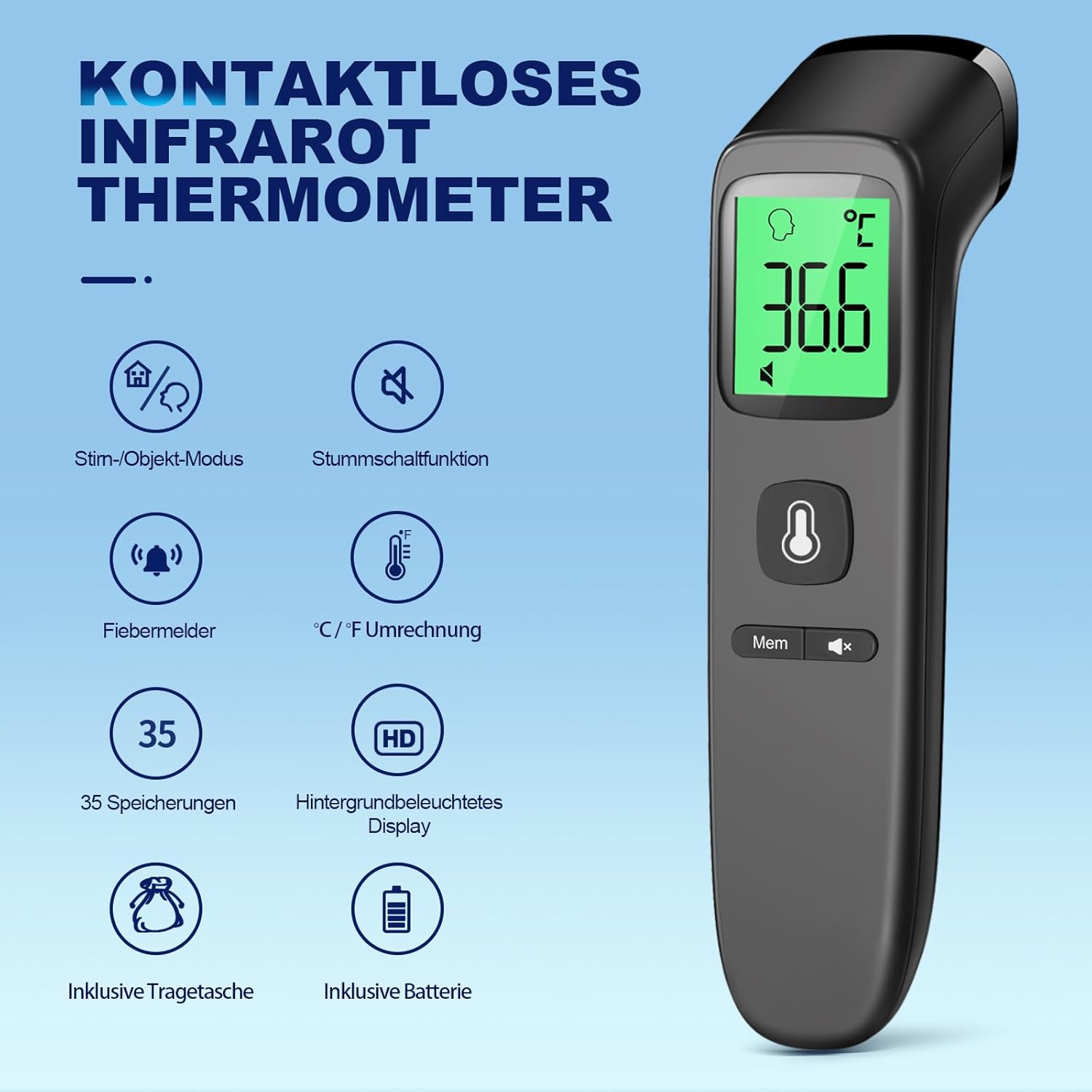 Kontaktloses Fieberthermometer, Stirnthermometer mit sofort genauen Messwerten, Fieberalarm, LCD-Display und 35 Speichersperren, digitales Infrarot-Thermometer für Kinder und Erwachsene (Tiefschwarz) – Bild 2