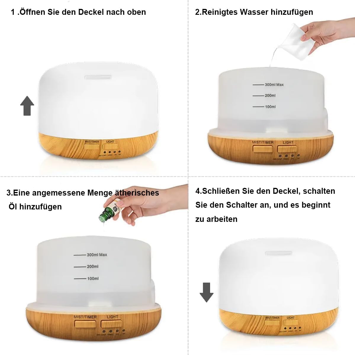 300 ml Diffusor für ätherische Öle, Lichter für Zuhause, Yoga, Büro, Spa, Schlafzimmer, Ultraschall-Luftbefeuchter, Aromatherapie-Diffusor mit 7 Farben LED-Aromatherapie, LED-Luftbefeuchter, Luftbefeuchter für ätherische Öle – Bild 5