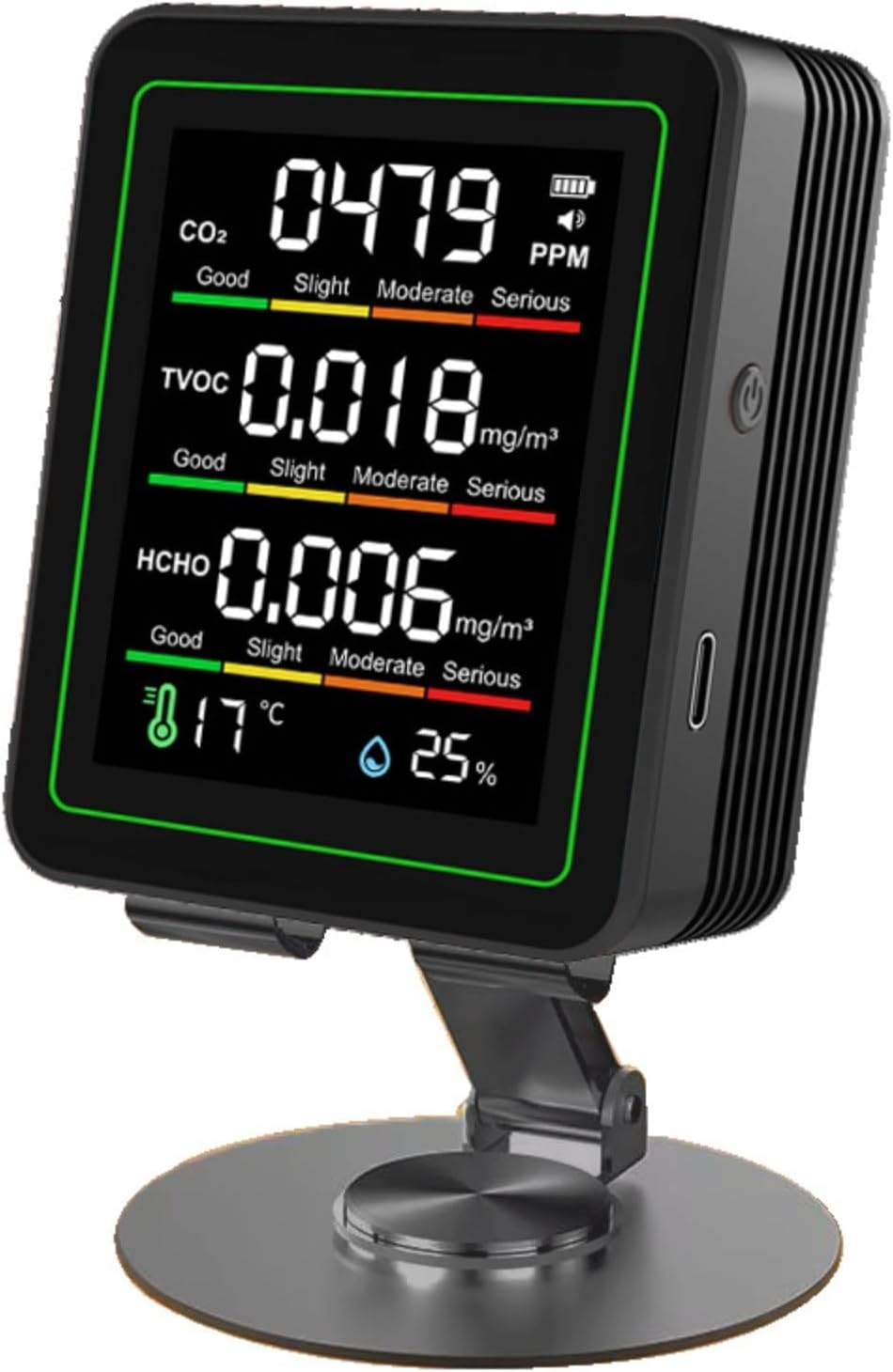 5-in-1-Luftqualitätsmonitor für HCHO, TVOC, Temperatur und Luftfeuchtigkeit; 1,8 Zoll HD-Display, 30-Stunden-Akku; Typ-C; ideal für Zuhause, Büro und Lager, Glewi, Schwarz – Bild 4