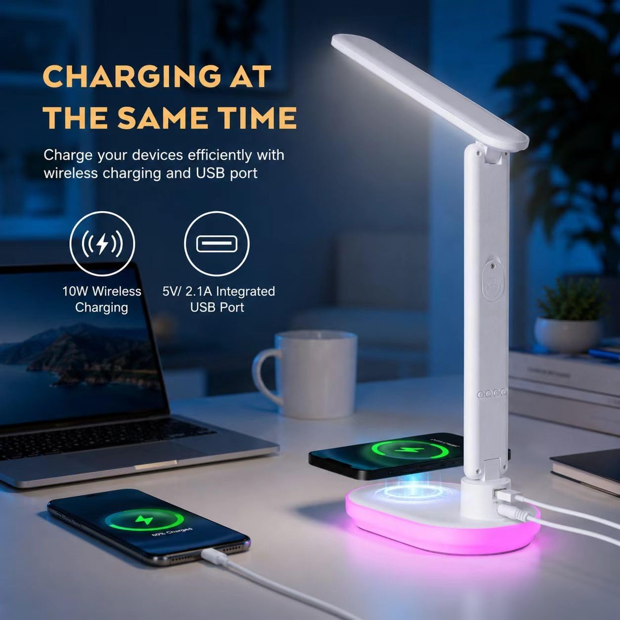 Schreibtischlampe LED dimmbar mit Ladefunktion Uhr, Tischlampe Touch dimmbar mit 3 Farbstufen und 5 Helligkeiten, Lampe mit USB-Anschluss, Uhr, Farbnachtlicht, LCD, Temperatur für Schlafzimmer, Büro (Weiß) – Bild 5