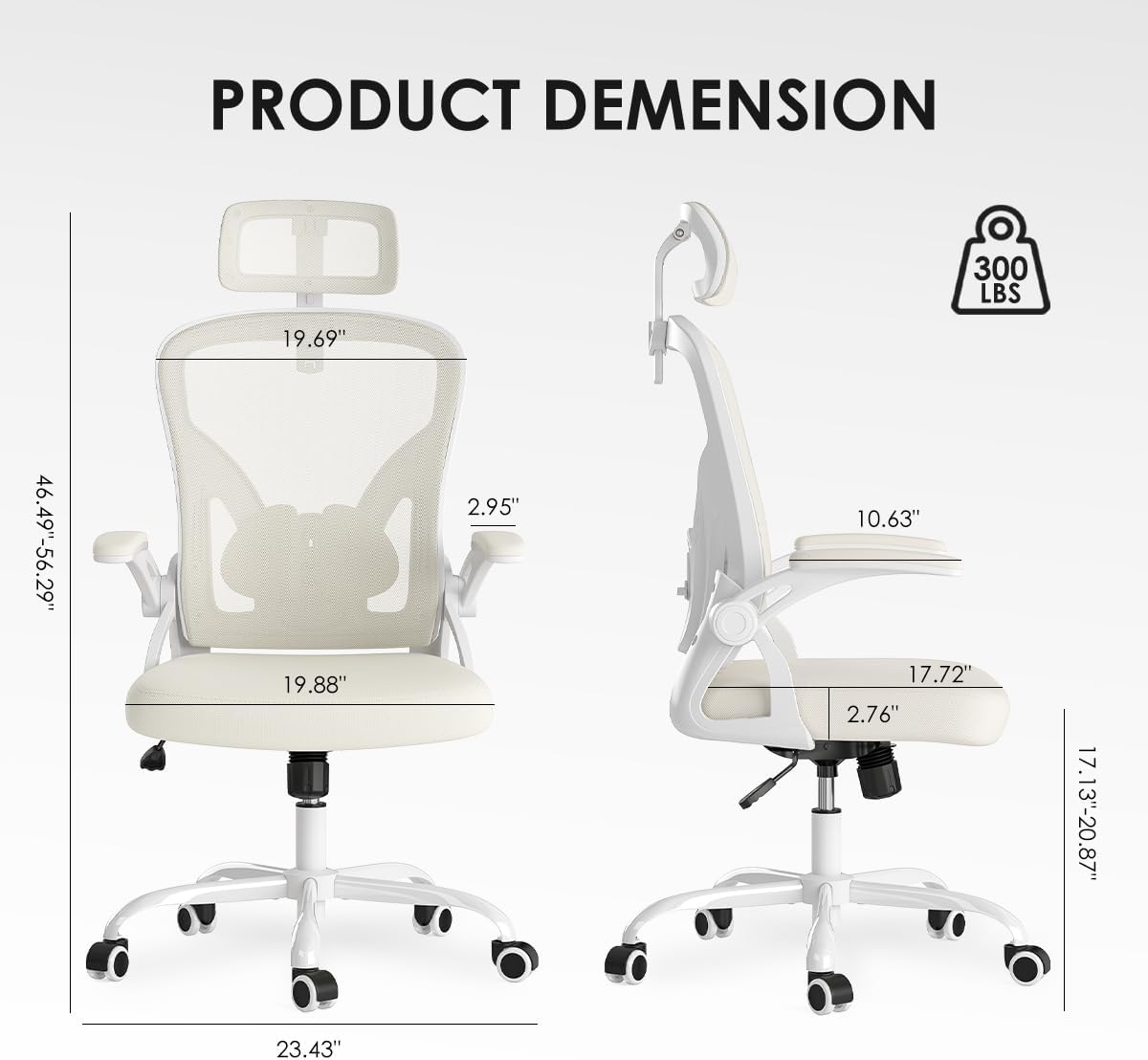 Farini Ergonomischer Stuhl mit Armlehne, Büro-Schreibtischstuhl mit Rollen, bequemer Home-Office-Stuhl, Weiß – Bild 3