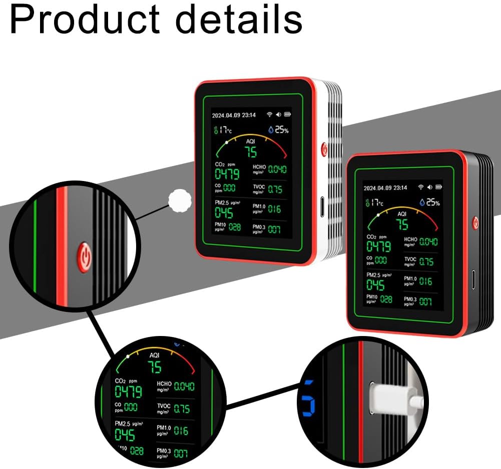 15-in-1-Luftqualitätsmonitor für Zuhause und Büro, Echtzeit-Raumluftsensor mit PM2,5-HCHO-Erkennung, IAQ-Tester für TUYA (Schwarz) – Bild 4