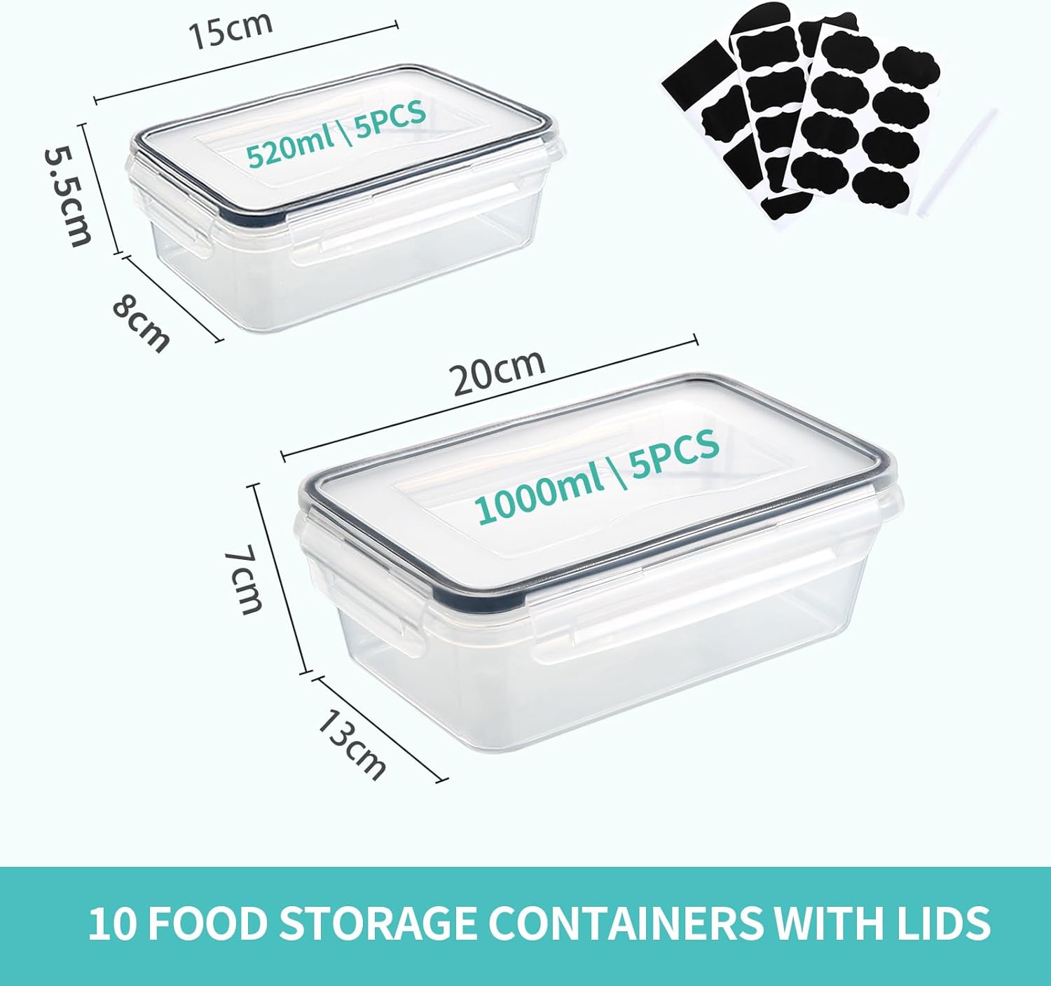 10 Frischhaltedosen mit Deckel (5 x 1 L + 5 x 520 ml), Gefrierbehälter & Meal-Prep-Boxen, BPA-frei, luftdicht, stapelbar – Küche & Lebensmittelbox – Bild 2