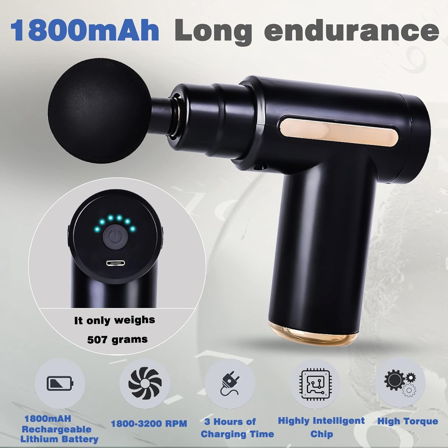 Mini-Massagepistole, Mini-Massagepistole, Muskelmassagegerät, tragbar mit 6 Geschwindigkeiten, Handmassagegerät mit USB-C-Ladeanschluss, Massagepistole, 4 Massageköpfe, 40 dB, ultra-leise – Bild 3