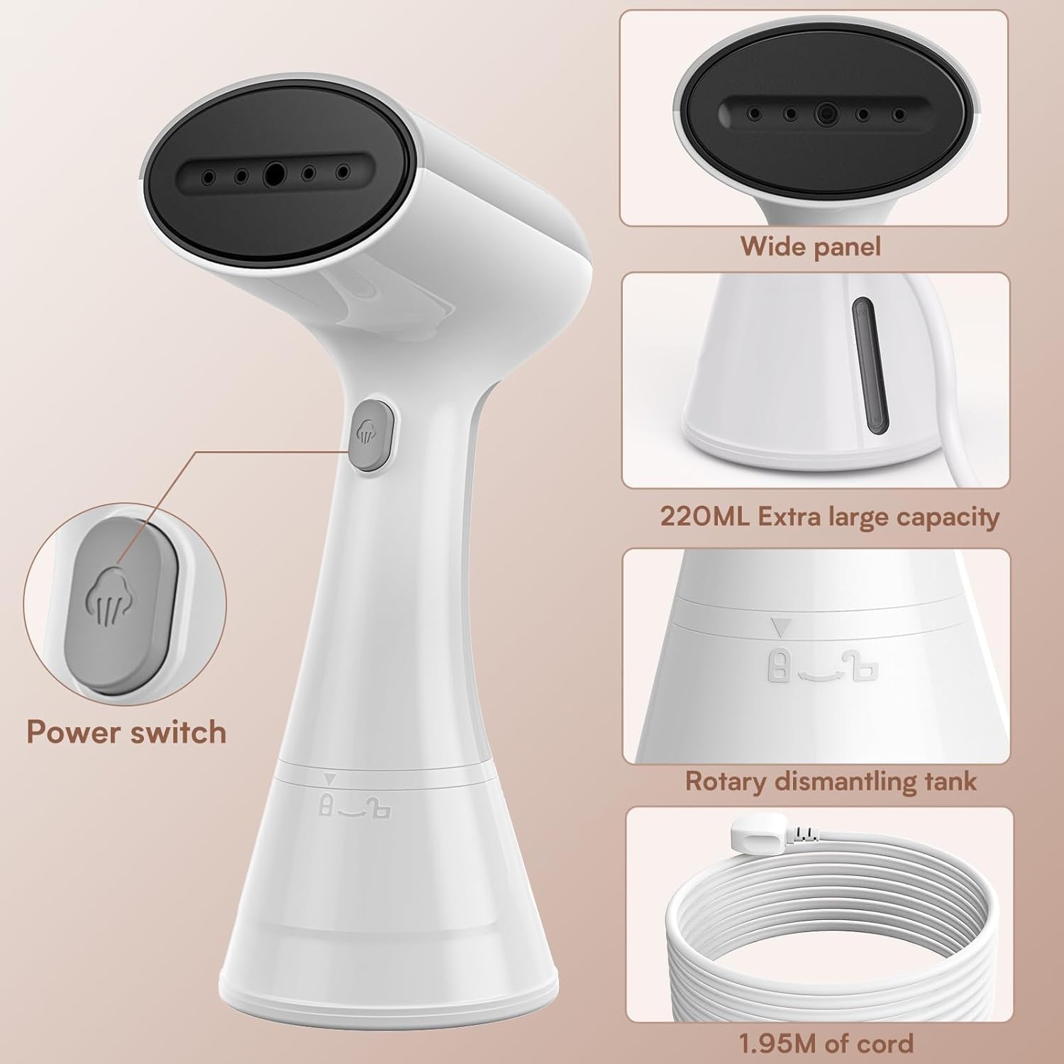 OLAYMEY Dampfgarer Dampfgarer 1000 W, Dampfgarer für Kleidung, 220 ml Wassertank, tragbares Dampfbügeleisen, Handdampfbürste, leichtes Dampfbügeleisen für Zuhause, Büro, Reisen, Weiß – Bild 5