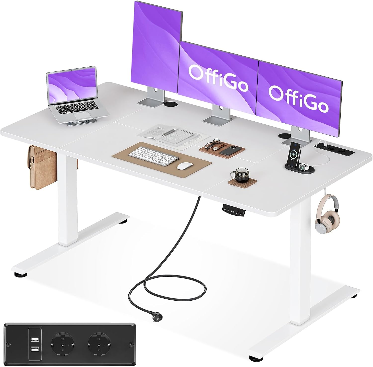 OffiGo höhenverstellbarer Schreibtisch, 160 x 80 cm, elektrischer Schreibtisch mit Steckdosen und USB-Ladeanschluss, Tisch höhenverstellbar mit 2 Memory-Funktionen, Computertisch für Büro, Zuhause, weiß