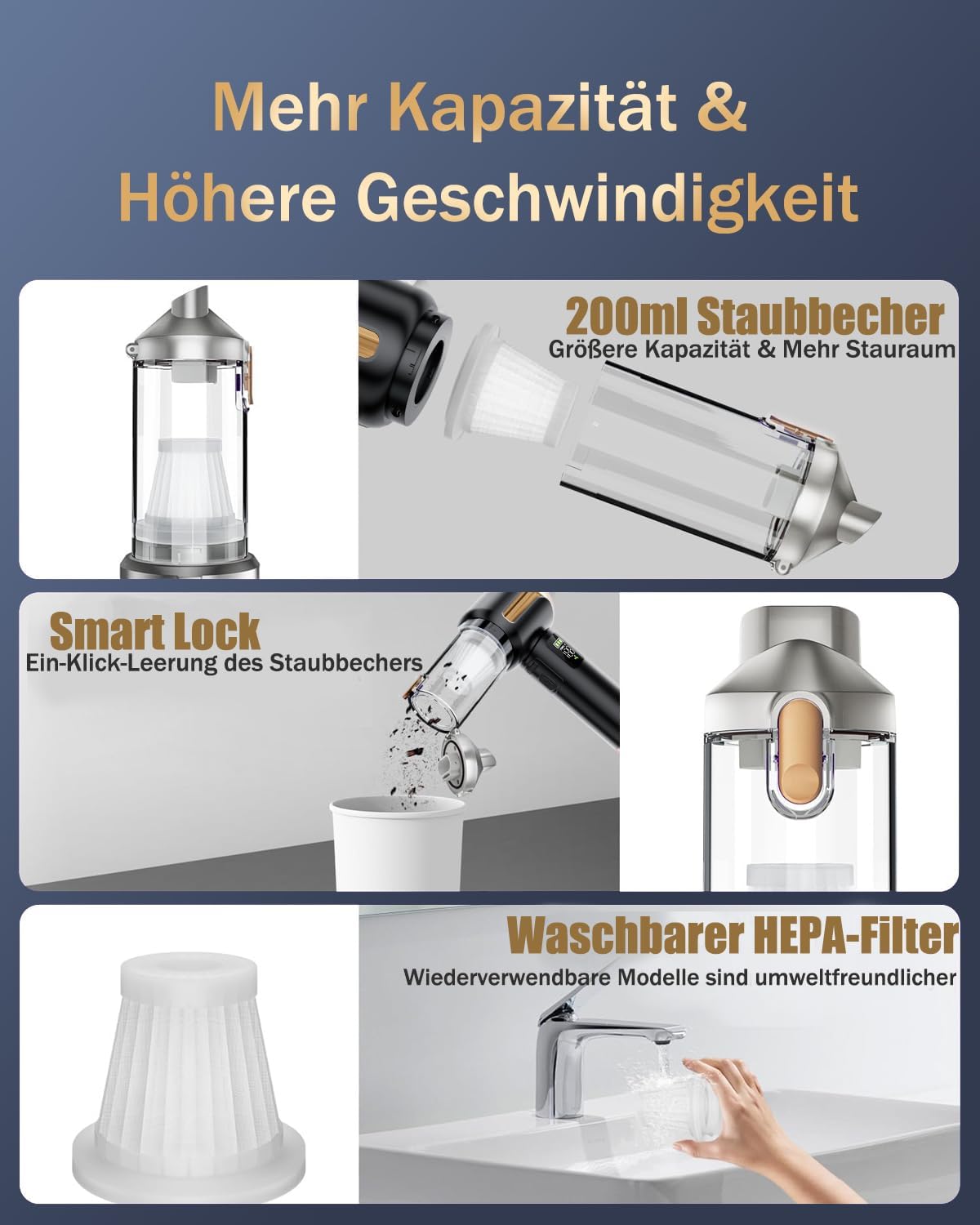 Handstaubsauger Akku kabellos, Autostaubsauger 27000Pa Mini-Staubsauger, wiederaufladbar, tragbar, leicht, Autostaubsauger stark, 220.000 U/min, elektrischer Staubbläser für Auto, Küche, PC, Sofa, Büro, Schwarz – Bild 7